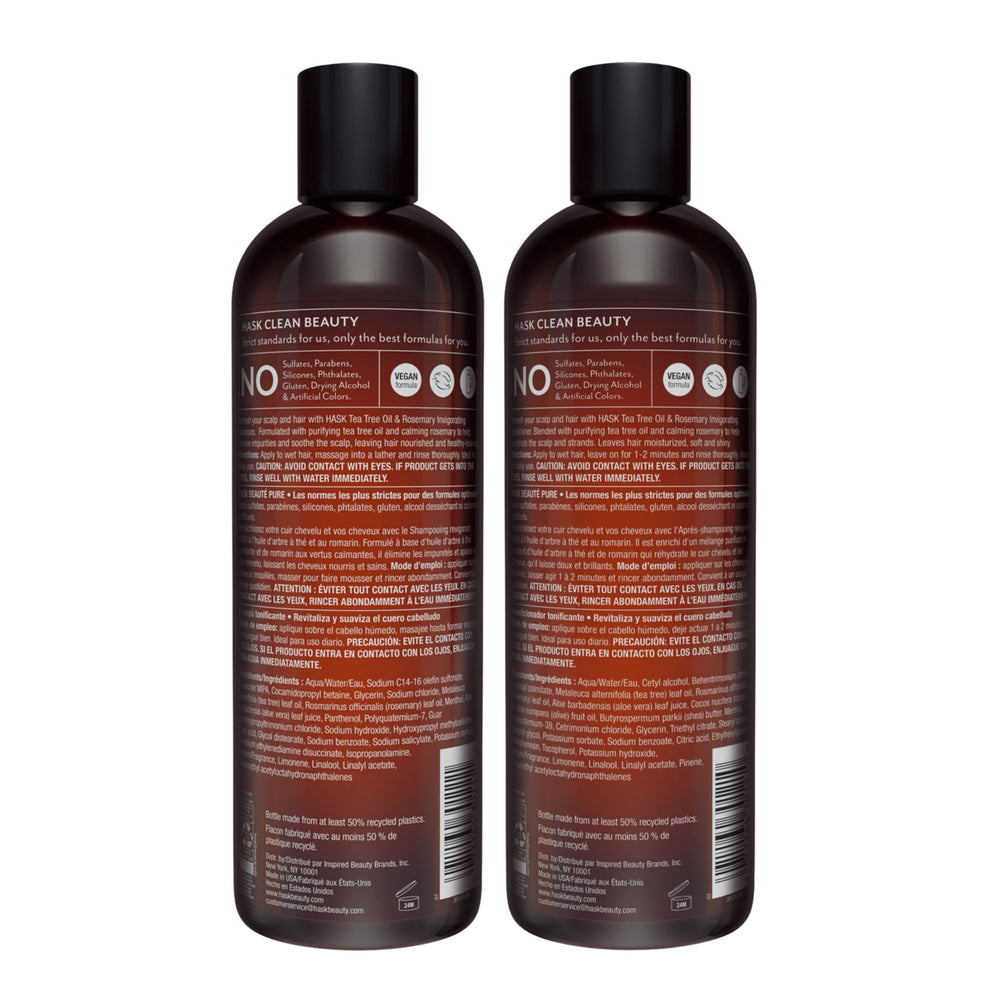Duo shampoing et après-shampoing HASK alignés sur plan de bain.