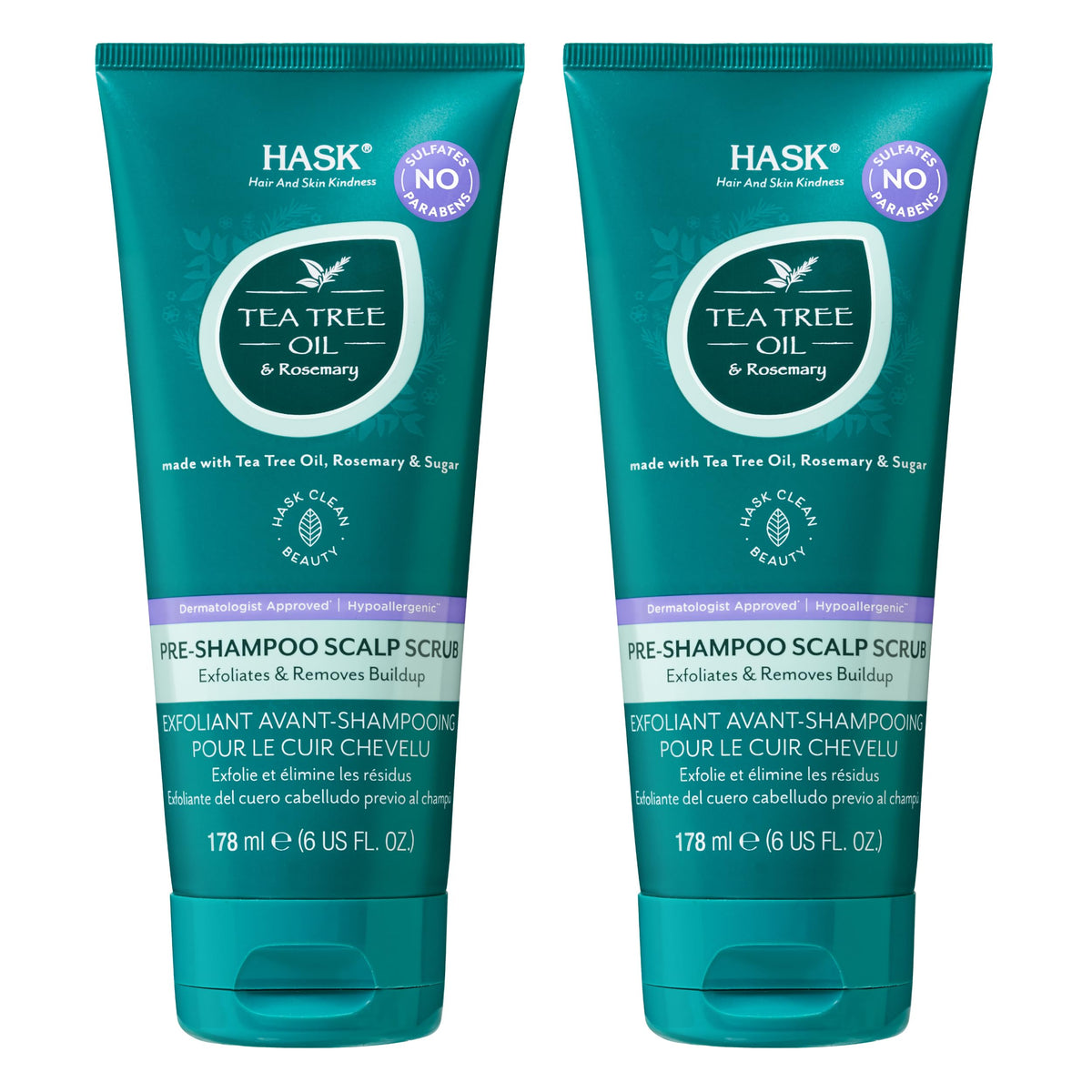 Gommage cuir chevelu HASK pré-shampoo arbre à thé et romarin, exfoliation douce.