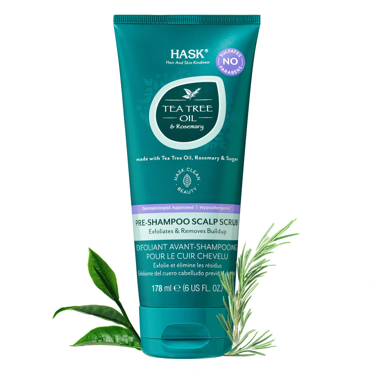 HASK gommage pré-shampoing arbre à thé et romarin – bouteille prête pour le soin du cuir chevelu