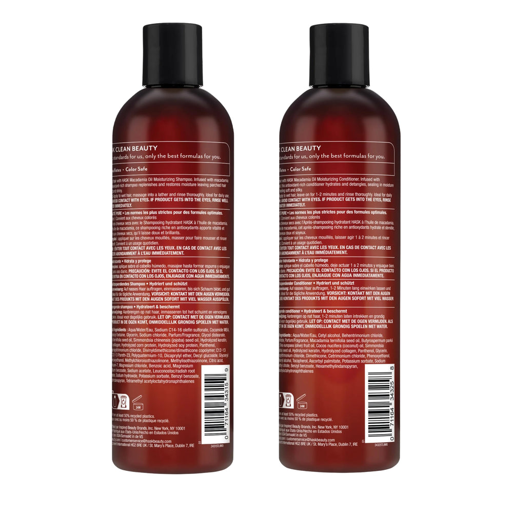 Étiquette sans sulfates et cruelty free sur le duo capillaire HASK Macadamia
