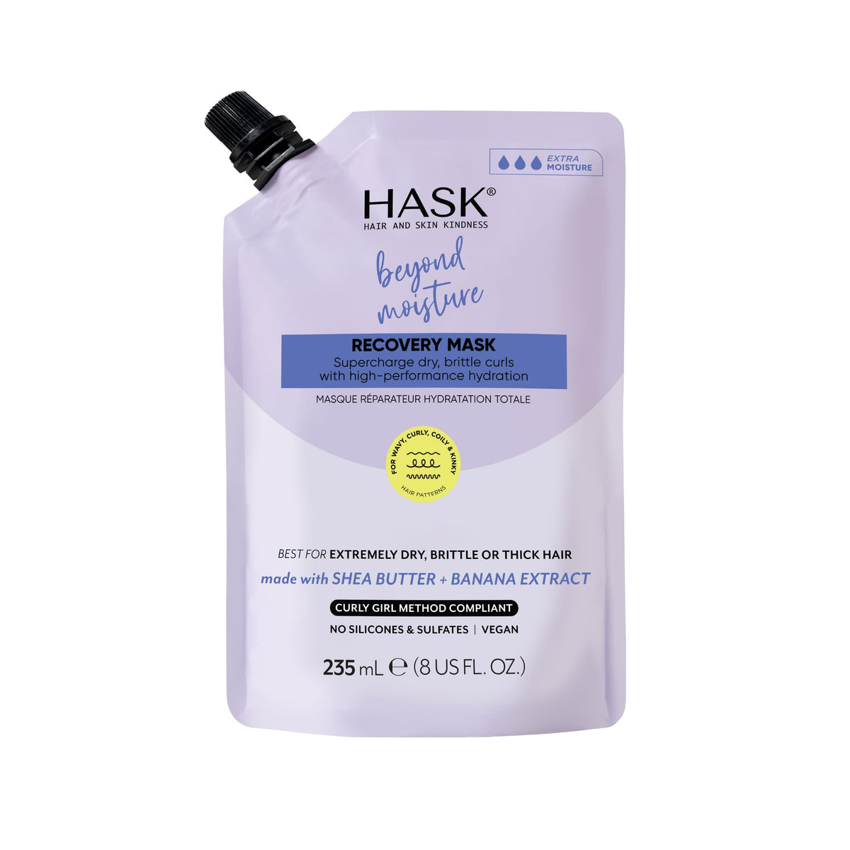 HASK masque nourrissant karité-banane pour cheveux bouclés, hydratation et douceur.