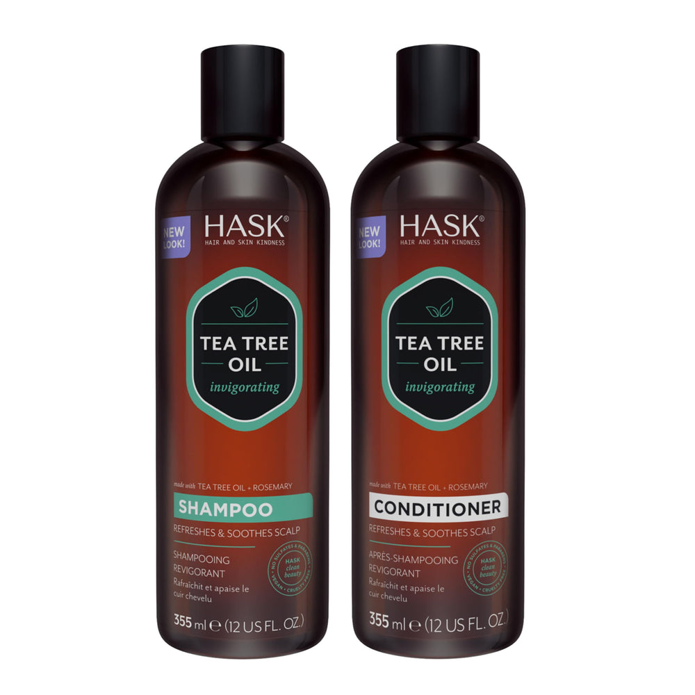 Shampooing HASK au tea tree et romarin, flacon rafraîchissant pour cuir chevelu sain.