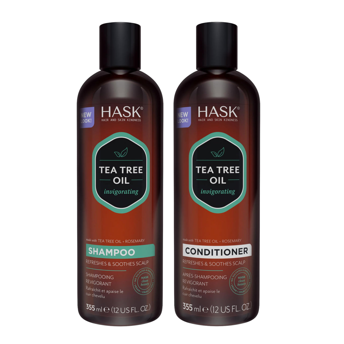 Shampooing HASK au tea tree et romarin, flacon rafraîchissant pour cuir chevelu sain.