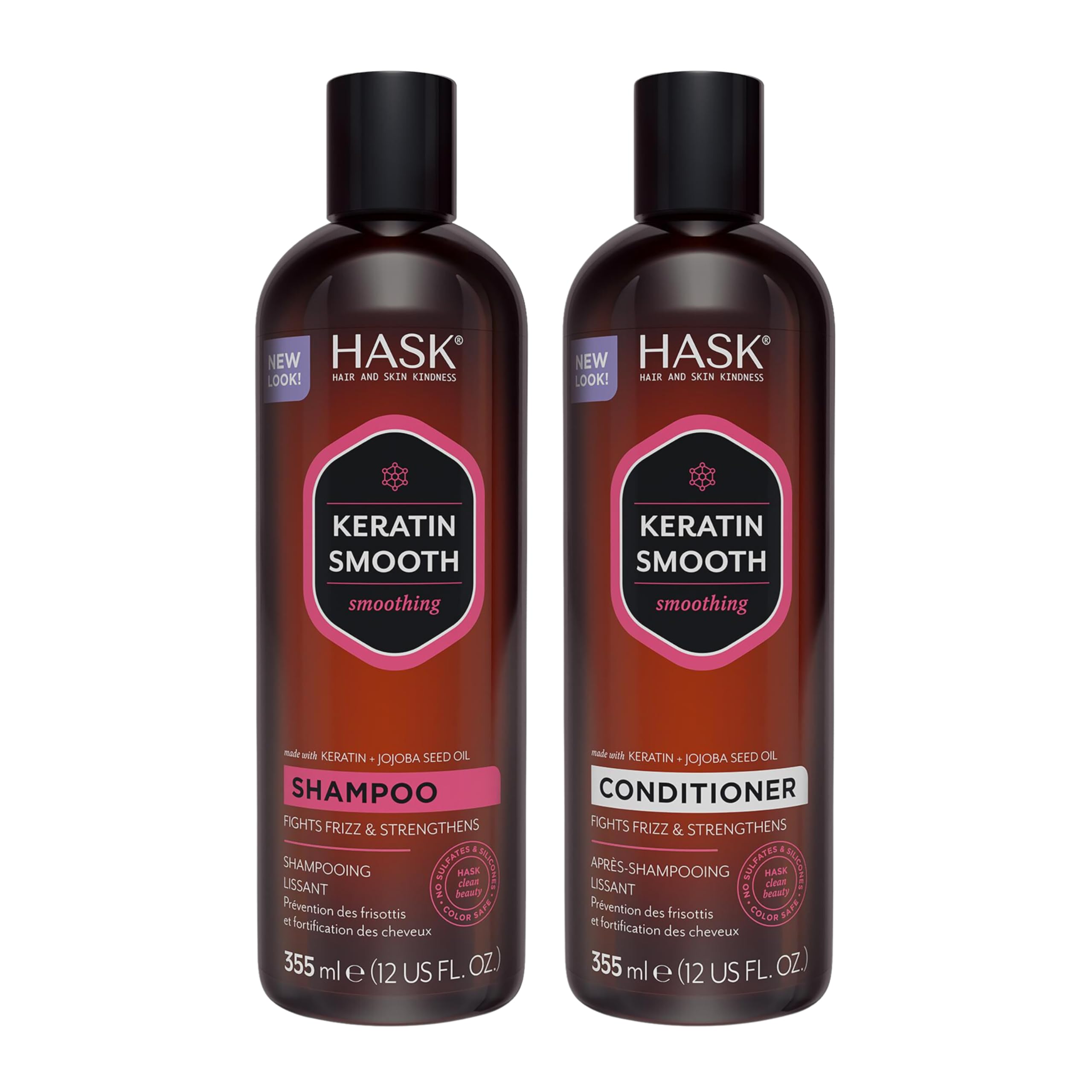 Shampoing Keratine Lissante HASK en bouteille, douceur renforcée pour cheveux rebelles.