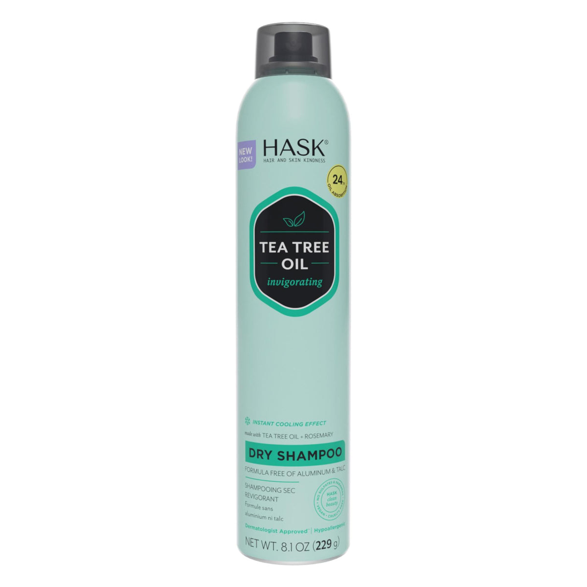 HASK Shampoing sec arbre à thé, bouteille en vedette, absorption rapide de l'huile.