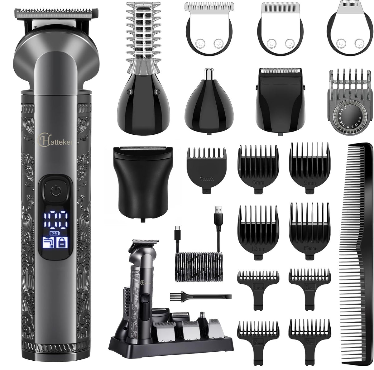 Hatteker 8-en-1 kit grooming, ensemble complet pour soin masculin à domicile.