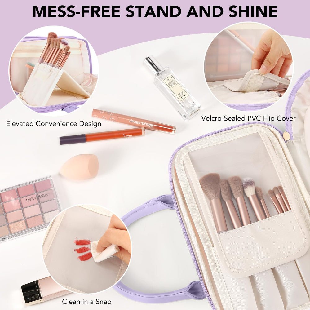 HauteHues sac maquillage voyage, compartiments et poches pour l'organisation.