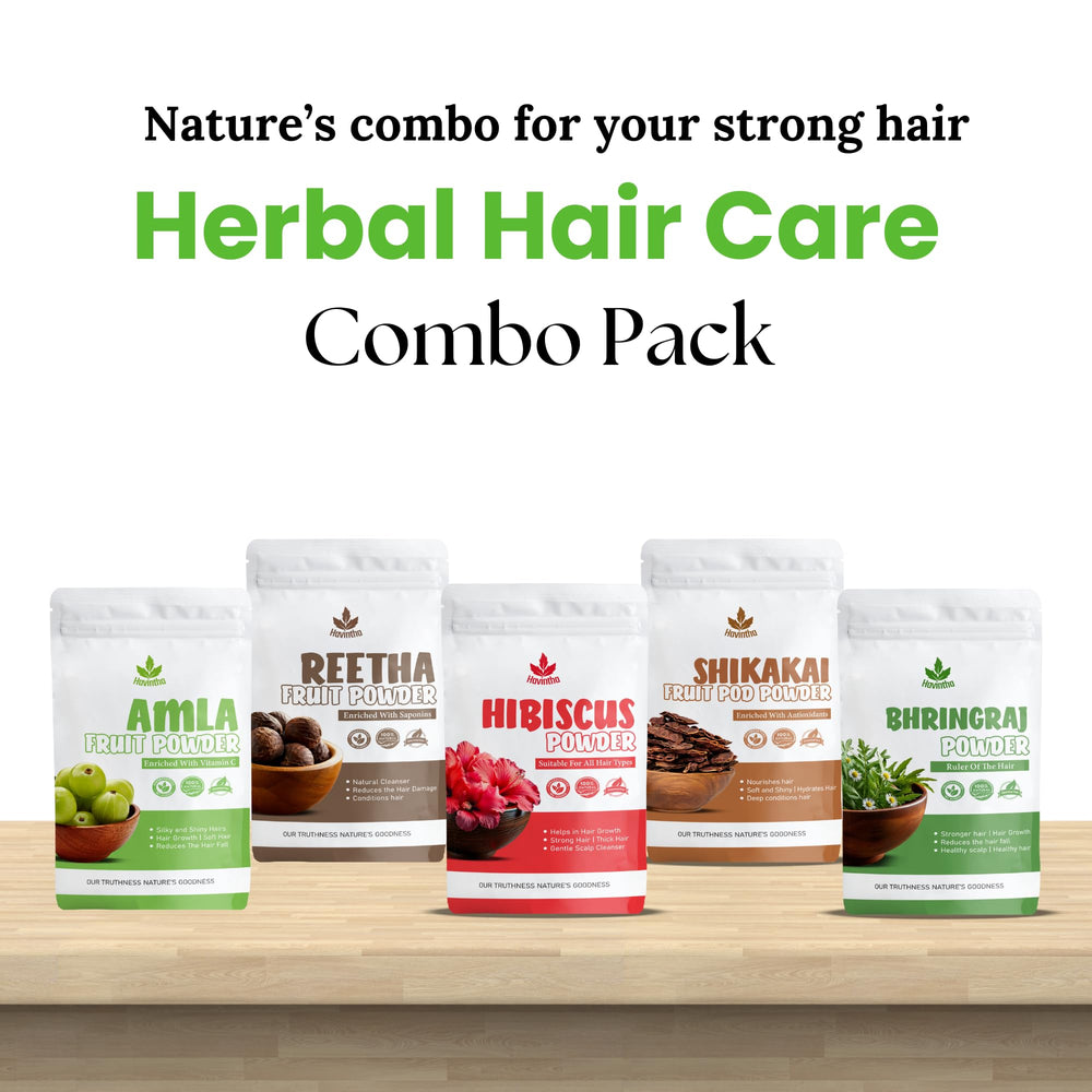 Poudre Havintha amla-reetha-shikakai-hibiscus 03: convient pour cheveux secs et ternes, apporte douceur.