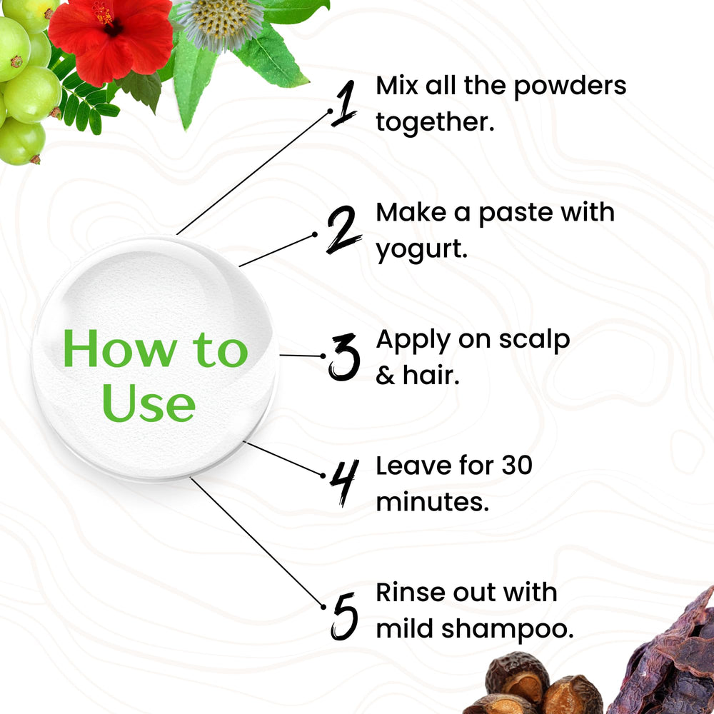 Poudre Havintha amla-reetha-shikakai-hibiscus 07: routine capillaire bio et ayurvedique pour cheveux soyeux.