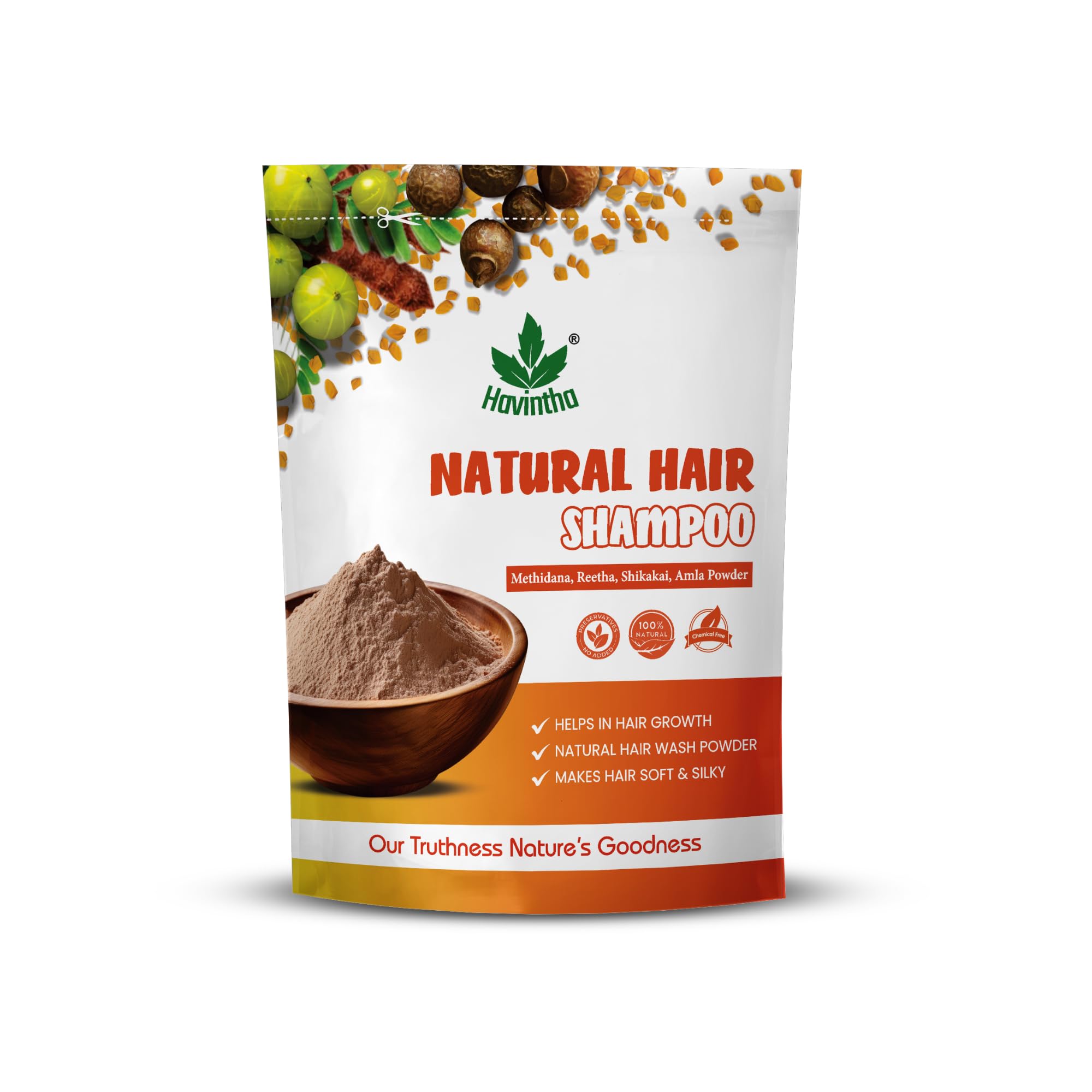 Havintha Shampoing poudre Amla‑Reetha‑Shikakai, bouteille 227 g, texture fine.