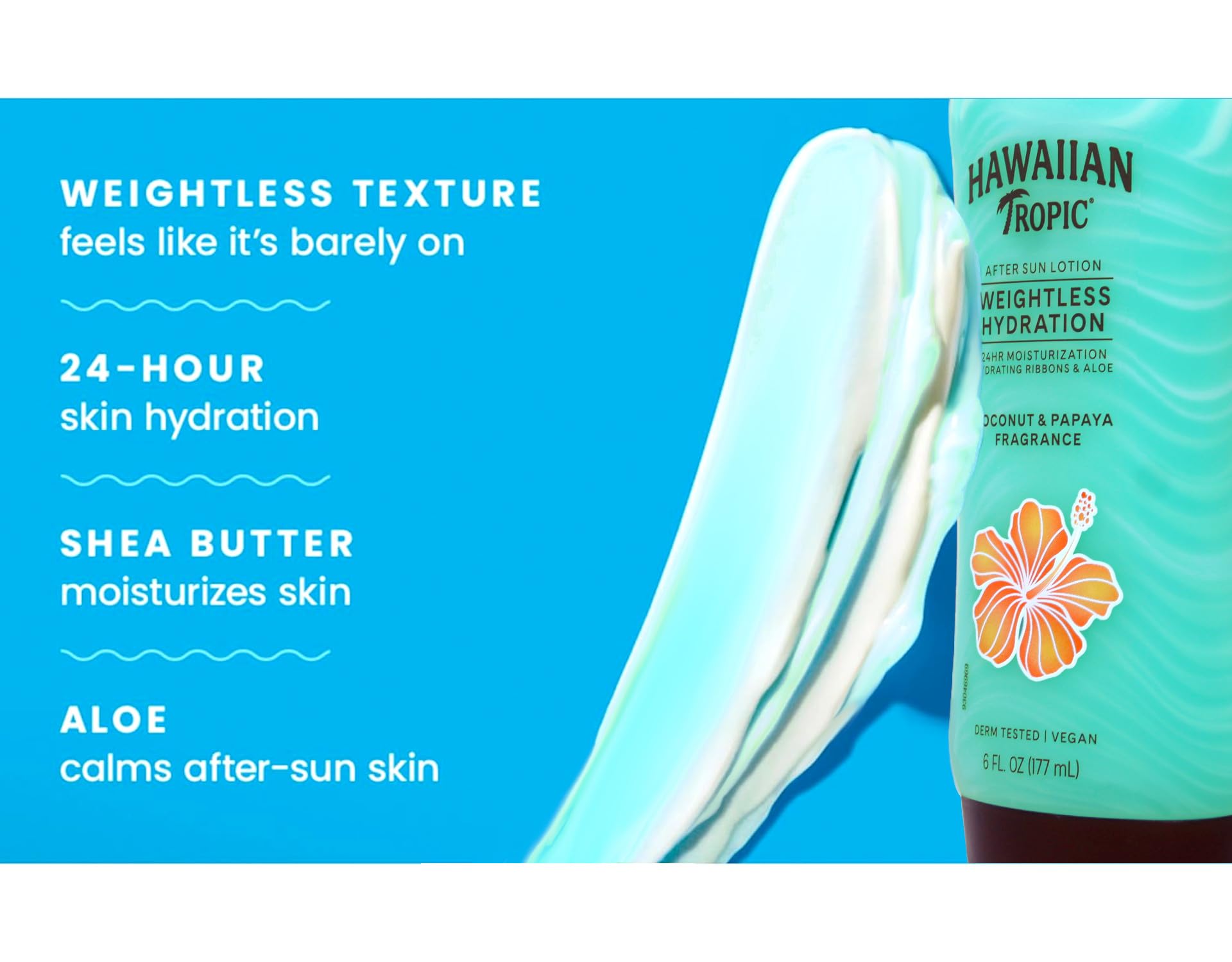 Hawaiian Tropic Apres-Soleil hydratation 24 heures, peau douce.