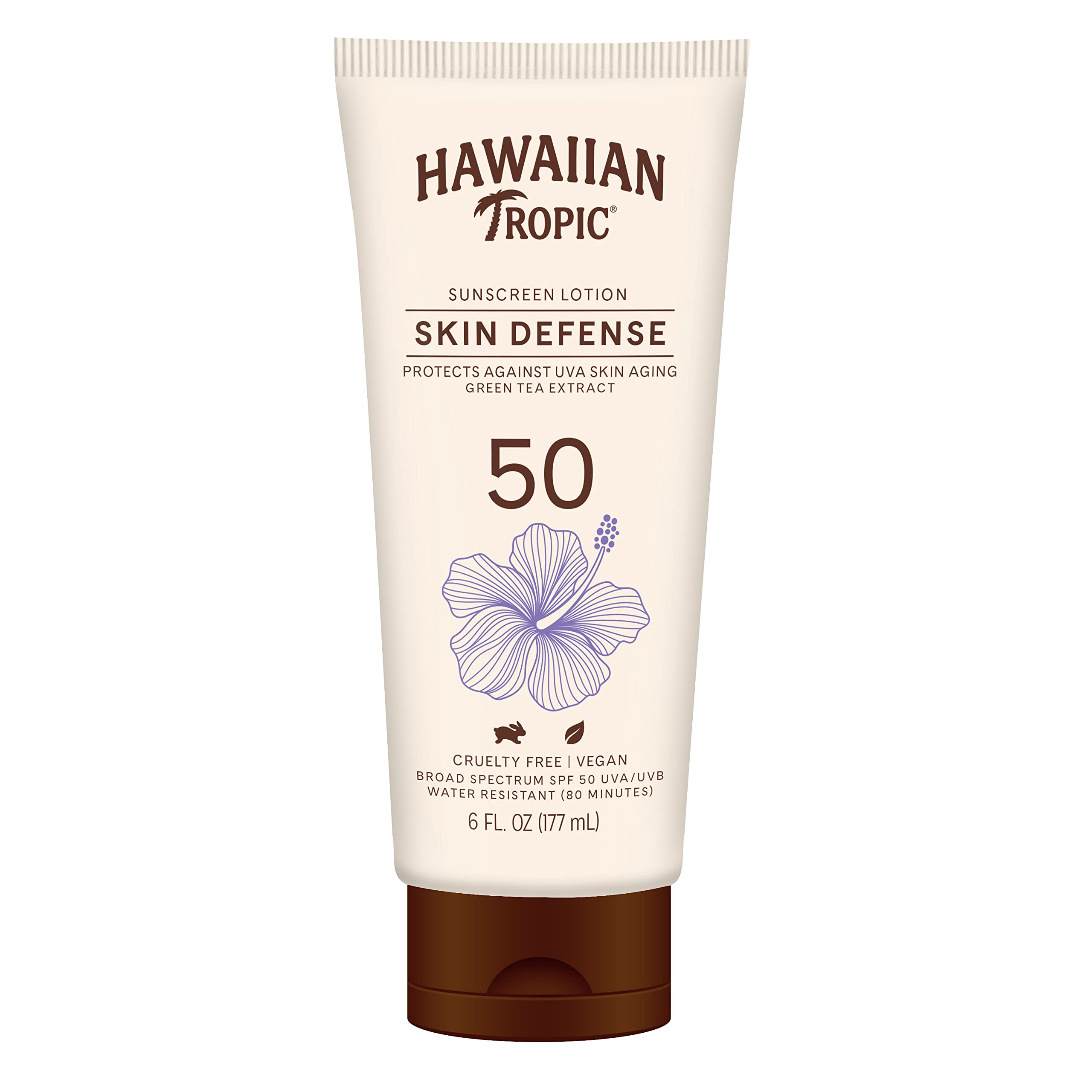 Crème solaire Hawaiian Tropic SPF 50 en bouteille, usage quotidien.