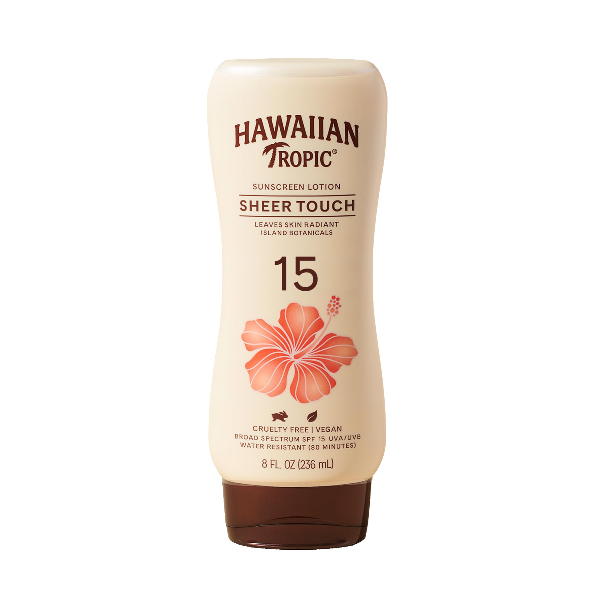 Écran solaire Hawaiian Tropic Sheer Touch SPF 15, application légère et agréable.