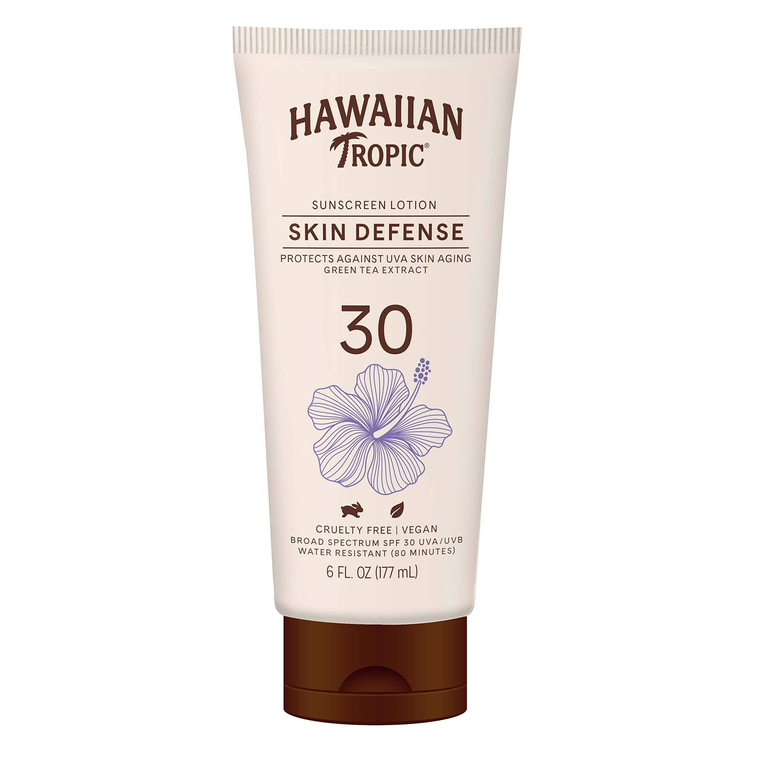 Hawaiian Tropic Skin Defense SPF30, bouteille 177 ml, protection légère.