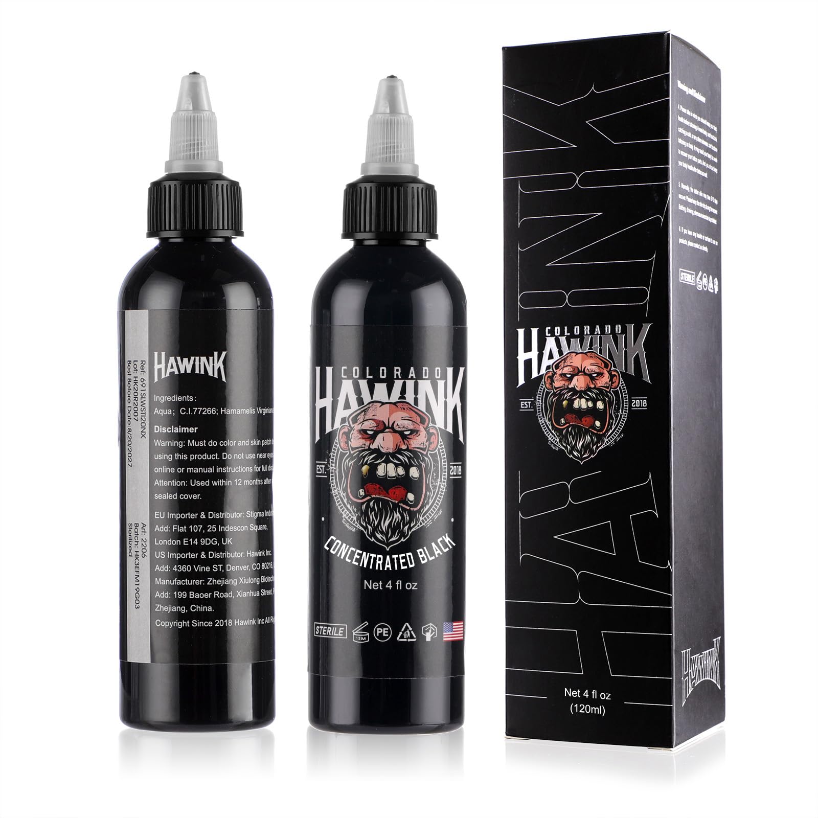 Hawink Tattoo Noir Bouteille 120ml: concentration elevee pour teintes durables sur la peau.