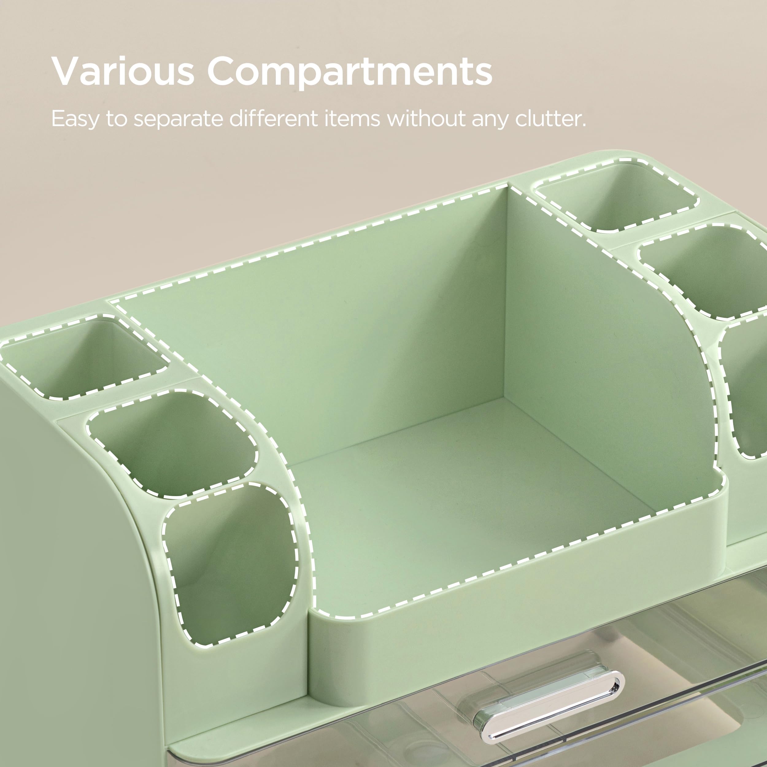 Utilisation polyvalente sur vanity, salle de bains ou bureau pour rangement multiples.