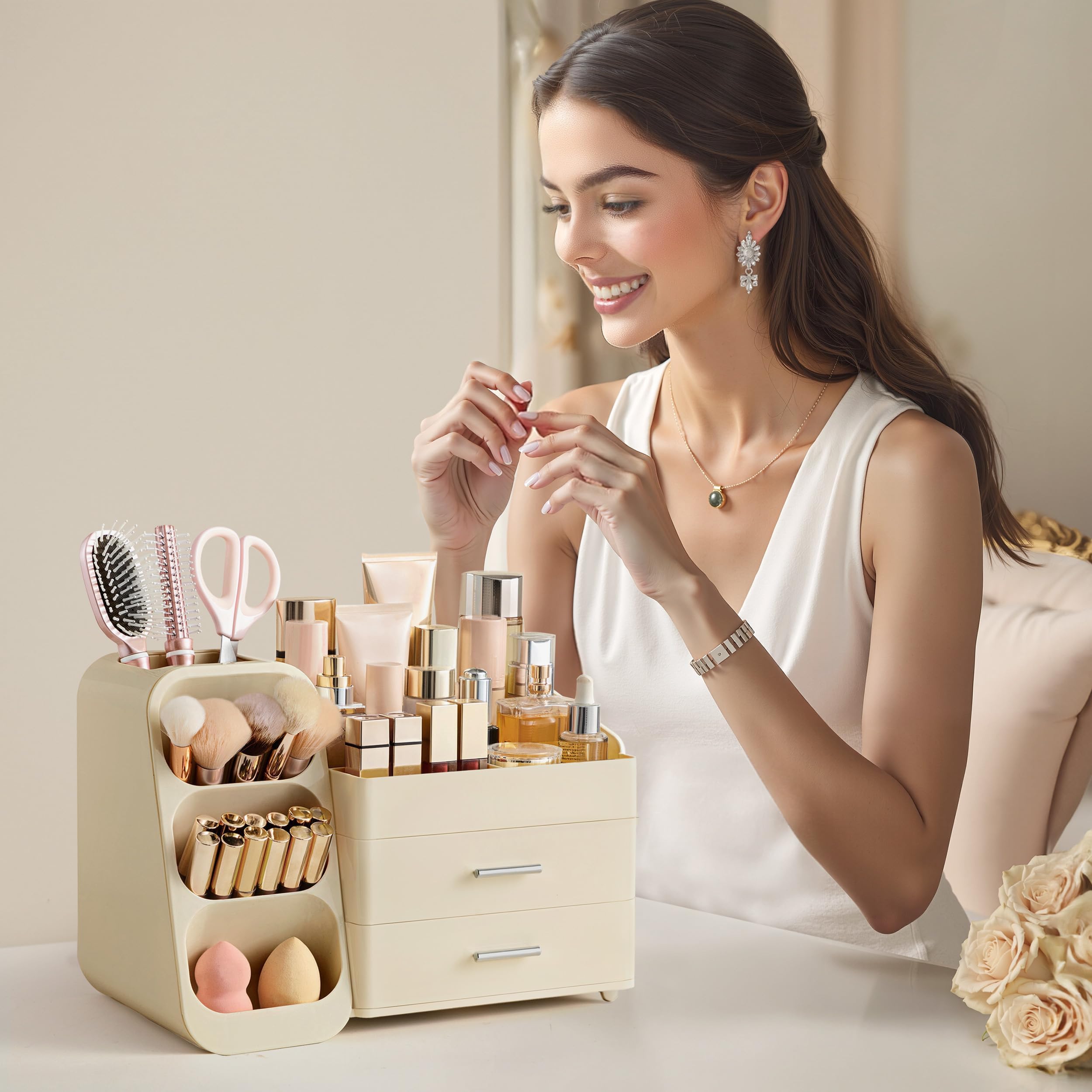 HBlife Organisateur Maquillage – finition beige élégante et nettoyage facile.