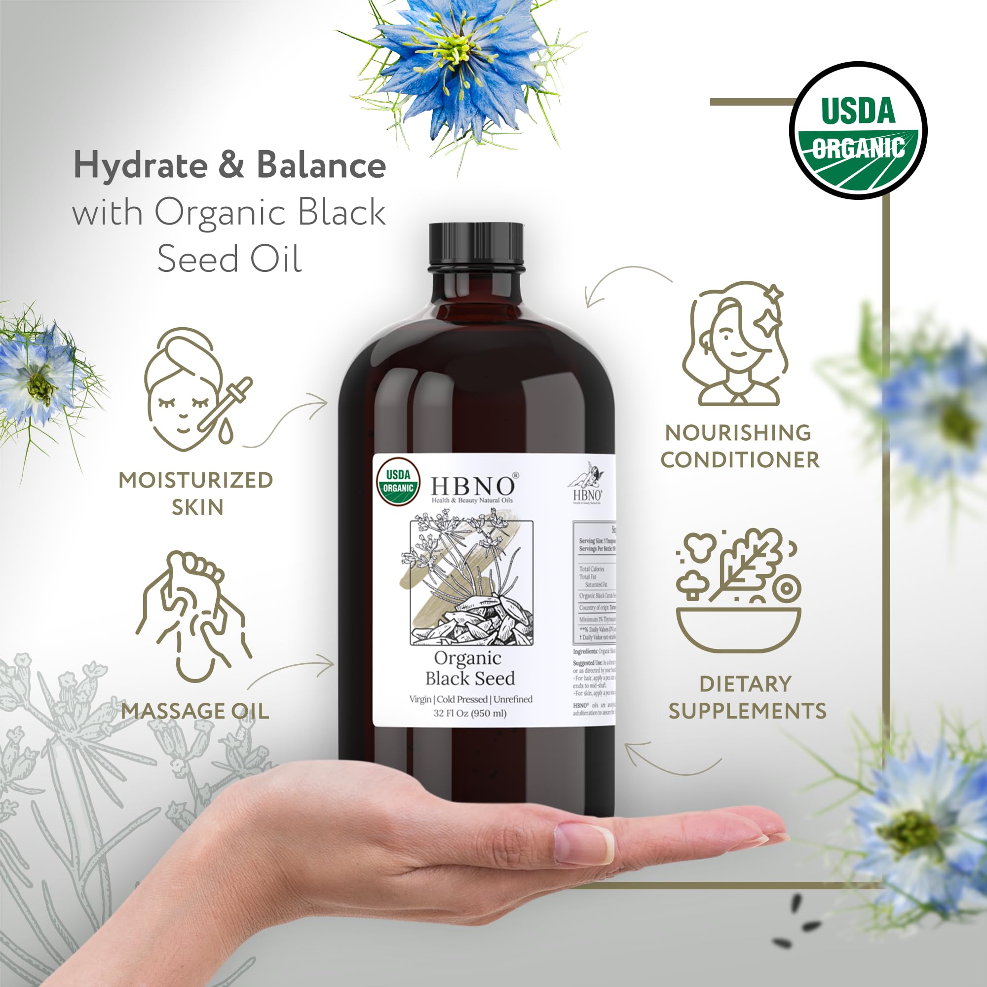 HBNO huile noire pressée à froid pour visage et corps, soin naturel