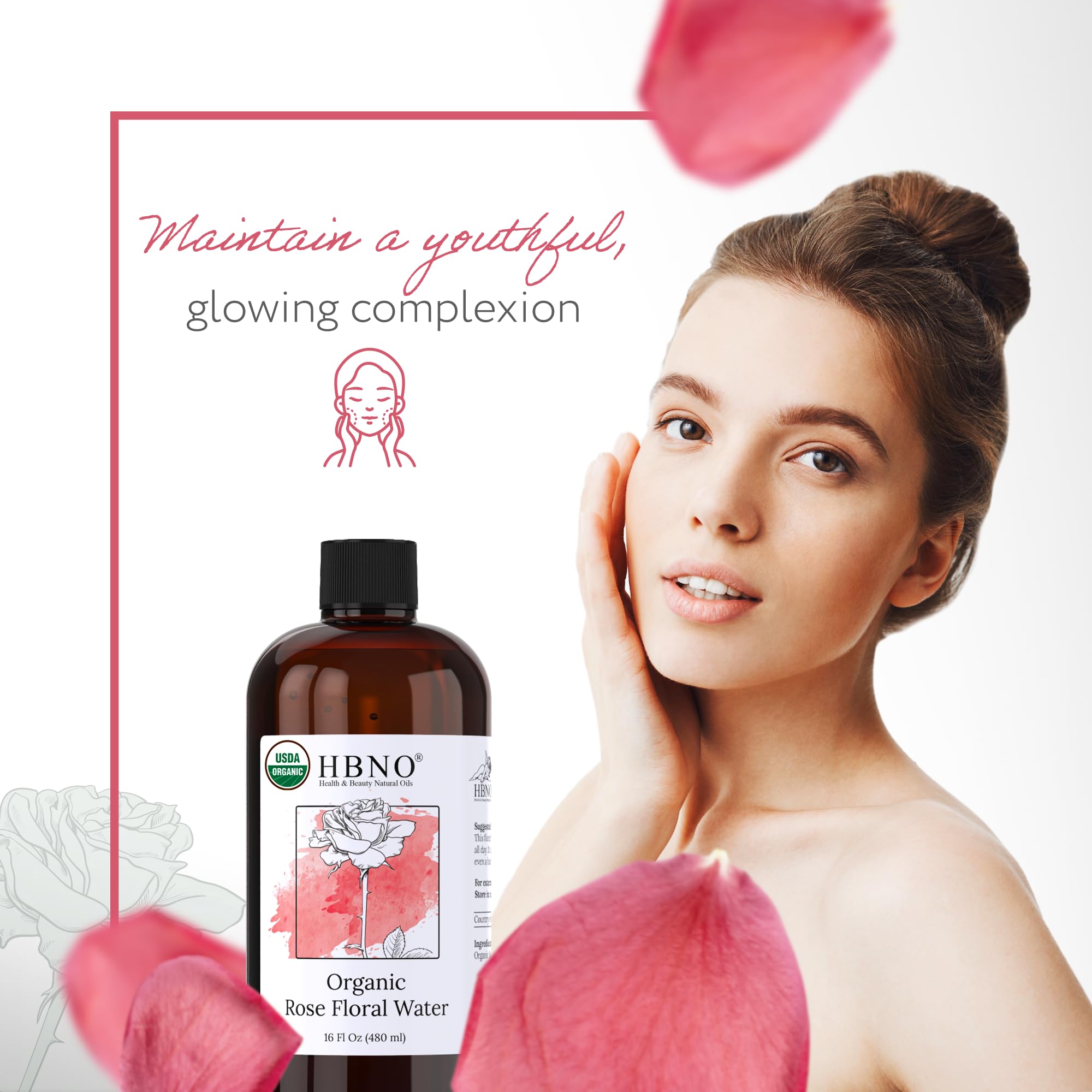 HBNO rose water on face for daily toning and soothing aroma.