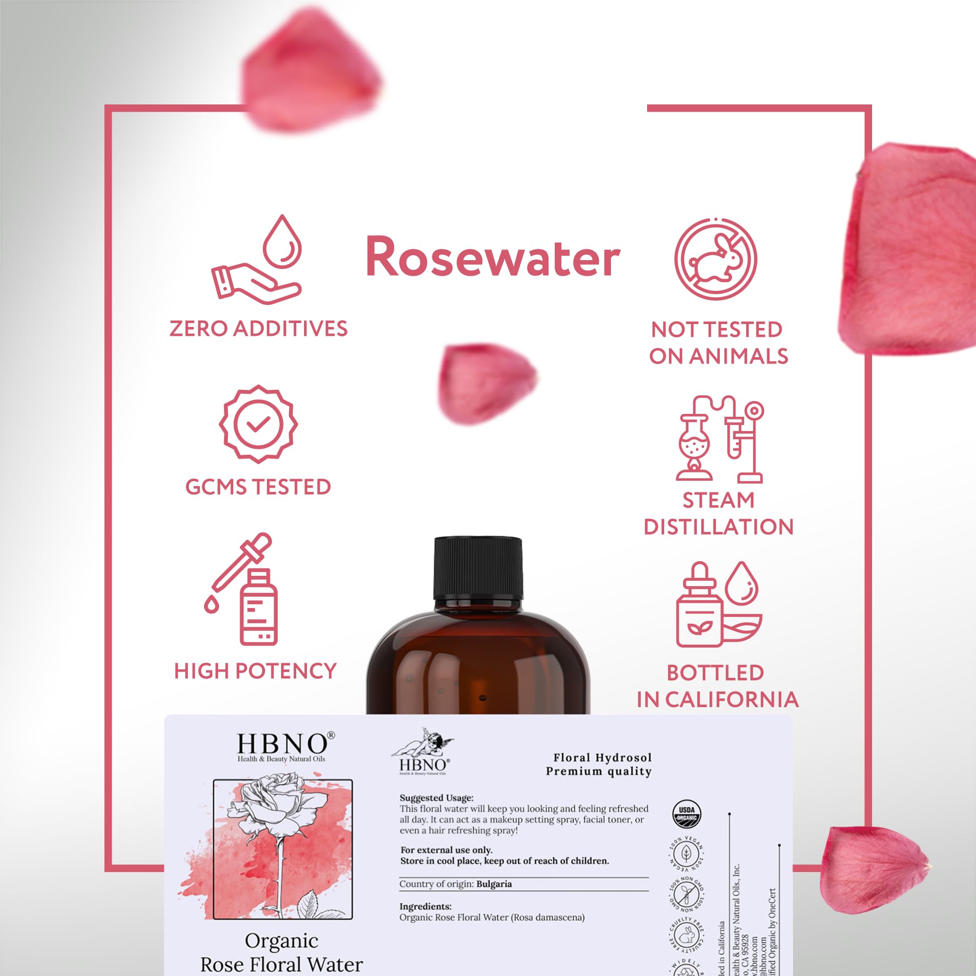 HBNO rose water bottle used on hair for scent and hydration.