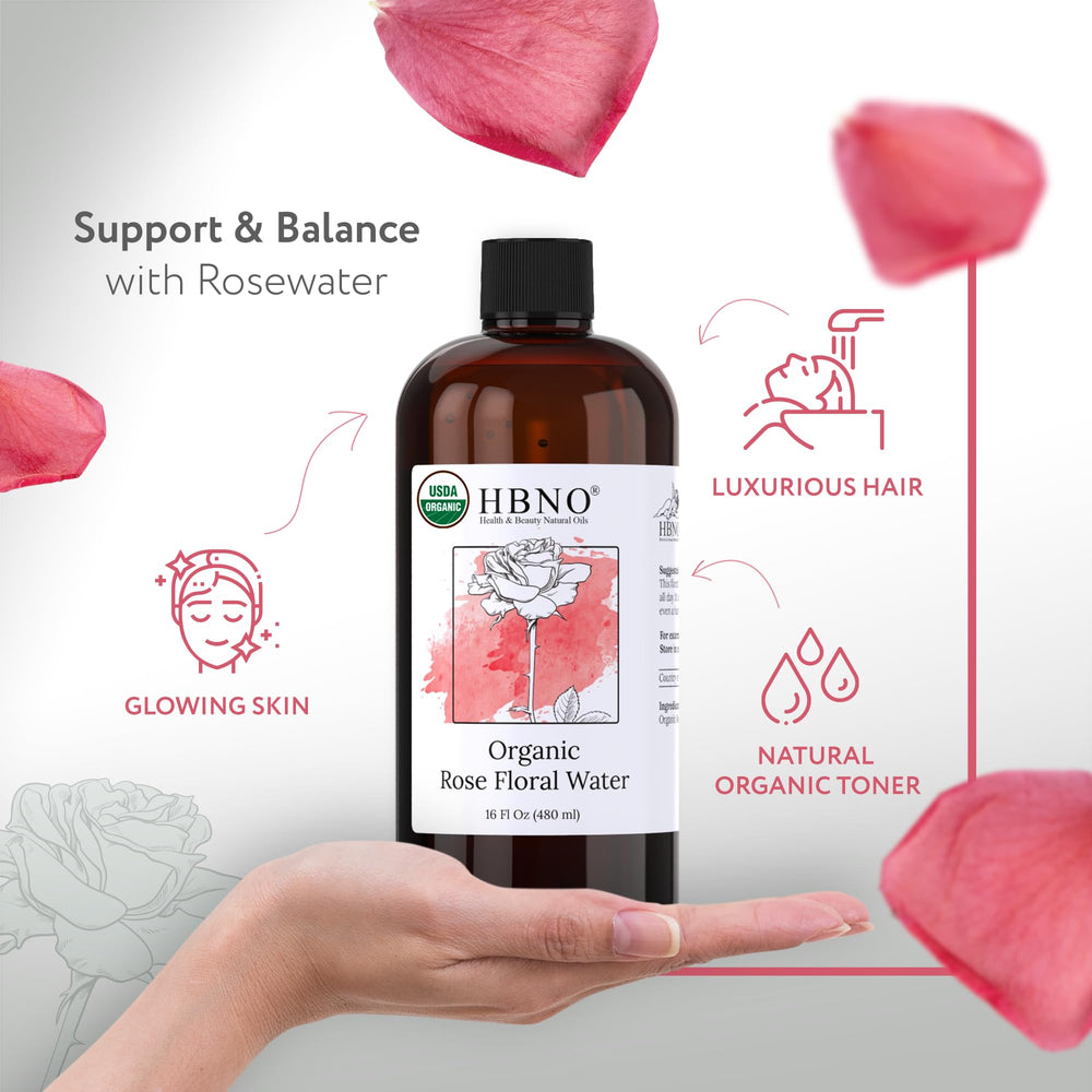 HBNO rose water label close-up showing USDA organic certification for skincare.