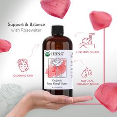 HBNO rose water label close-up showing USDA organic certification for skincare.