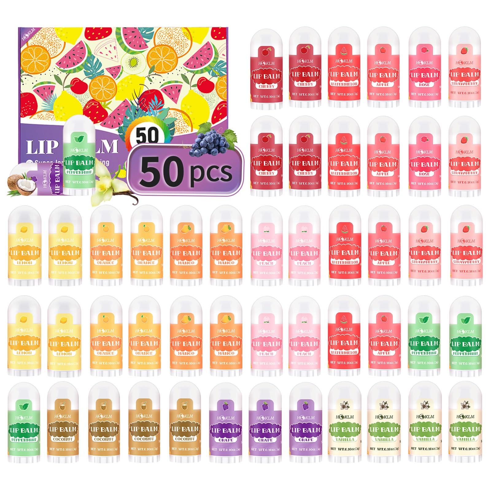 HCKLM baume lèvres mini 50-pack: variété de saveurs, pratique pour des cadeaux.