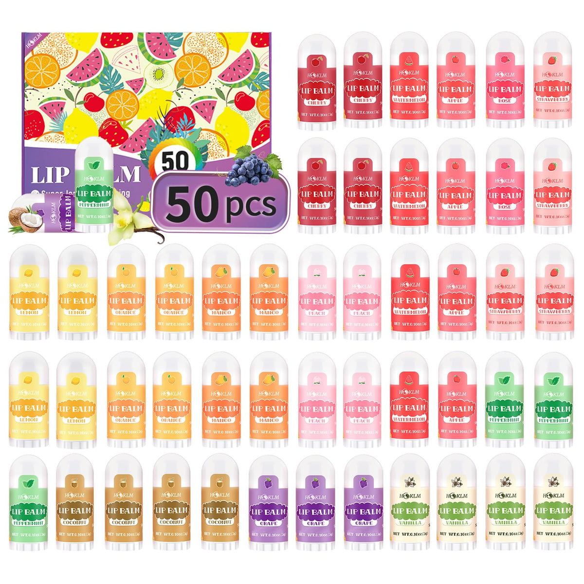 HCKLM baume lèvres mini 50-pack: variété de saveurs, pratique pour des cadeaux.