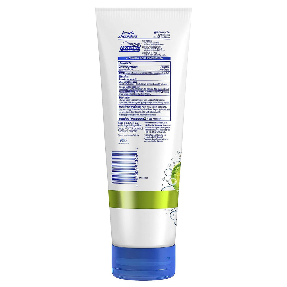 Head & Shoulders Pomme Verte, étiquette indiquant le soin anti-pellicules.