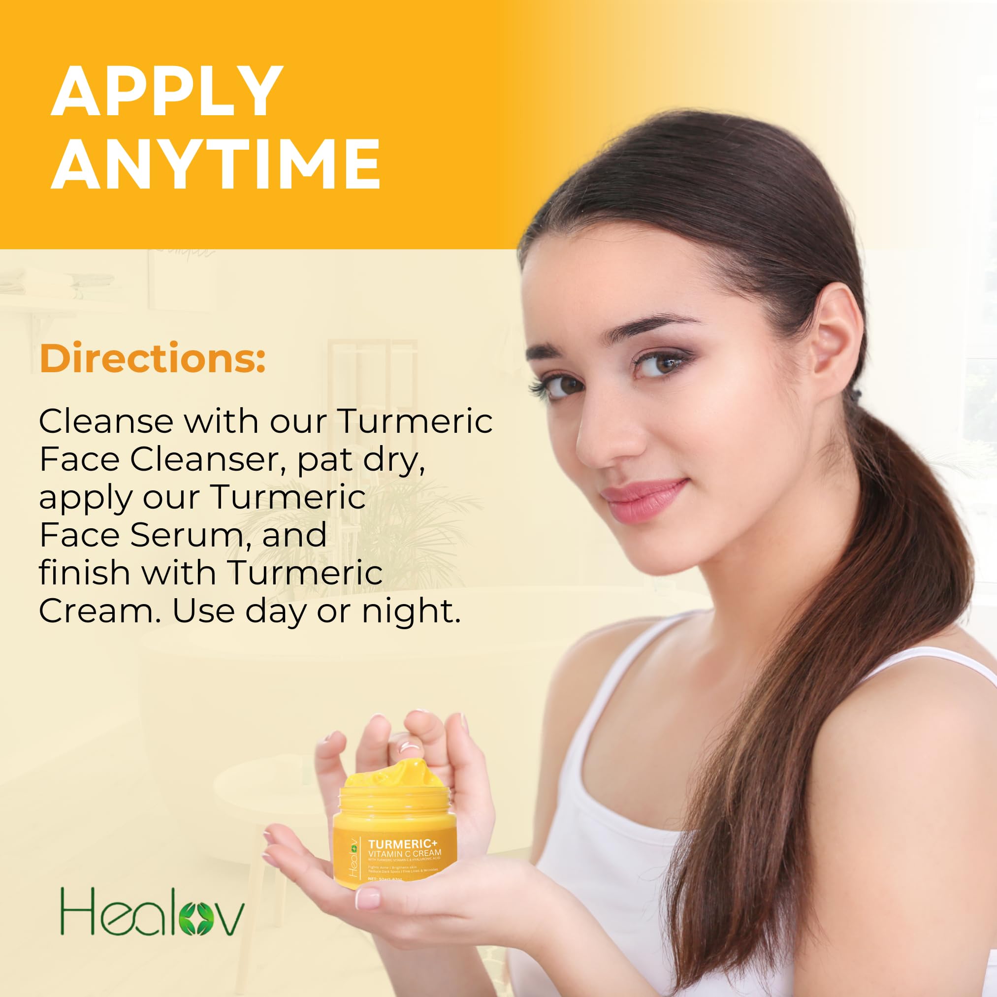 Usage jour et nuit de Healov Curcuma Crème – soin polyvalent.