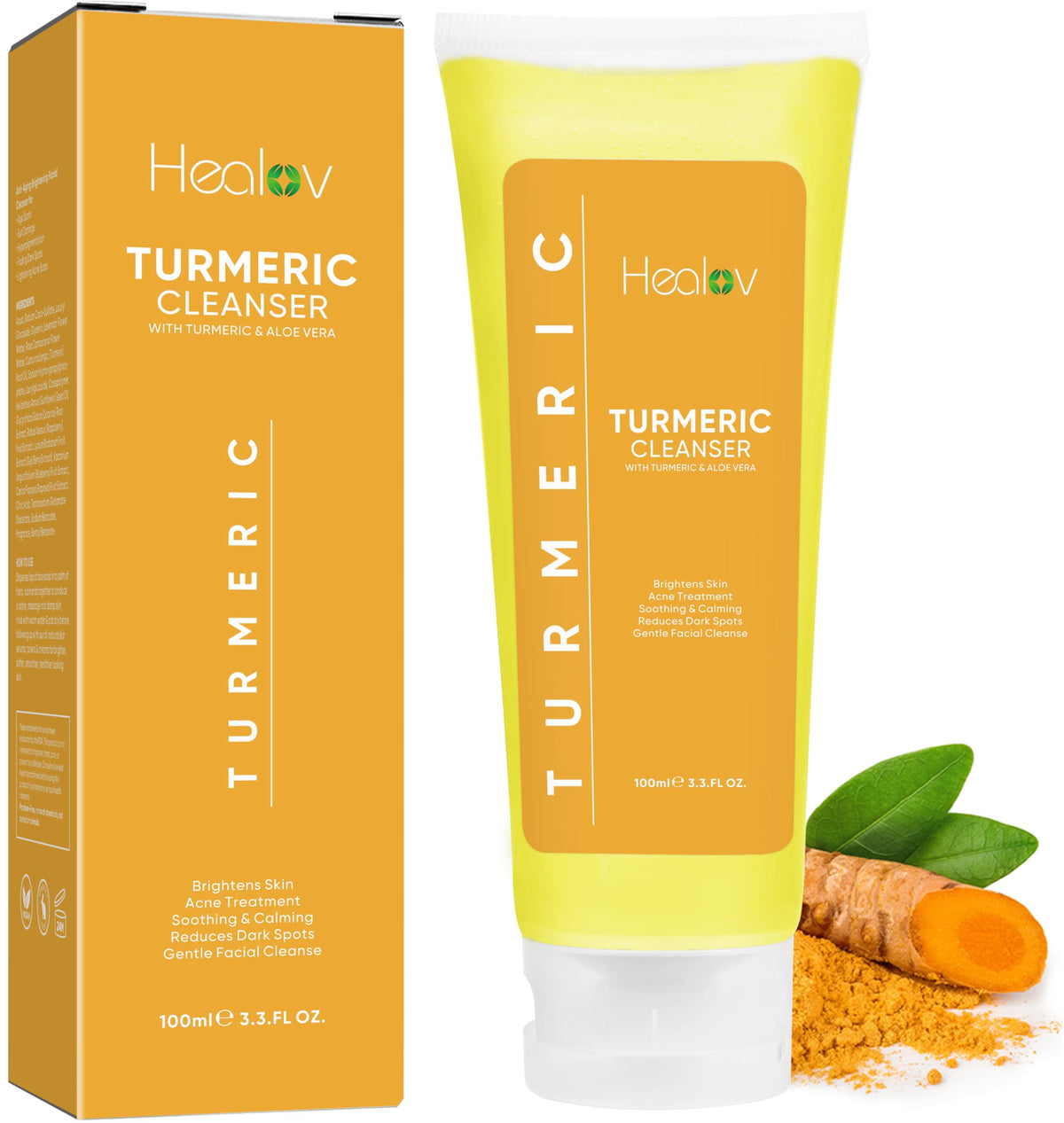 Healov nettoyant visage curcuma – bouteille pompe, rinçage rapide et doux.