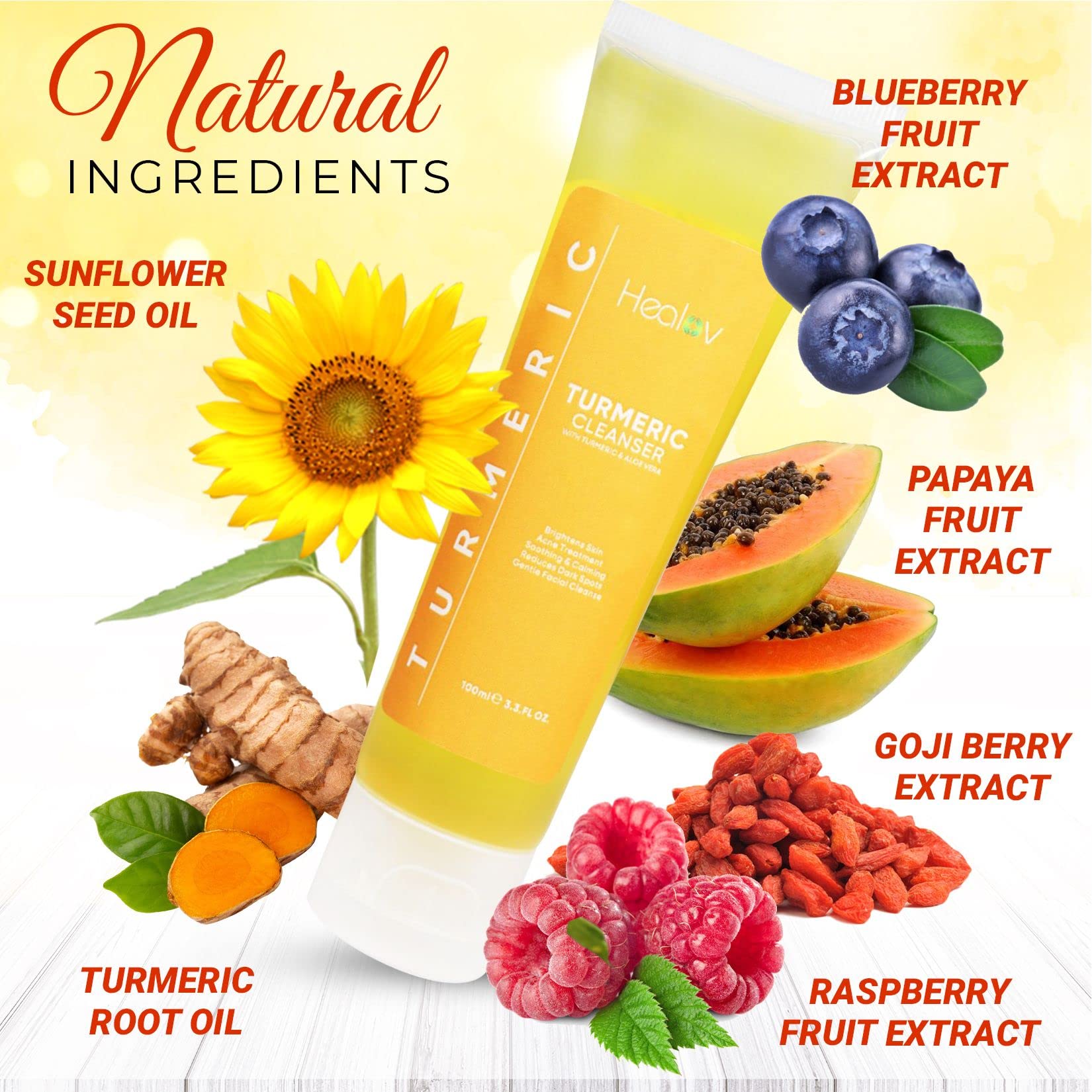 Healov nettoyant visage curcuma – extrait de framboise pour raviver l’éclat.
