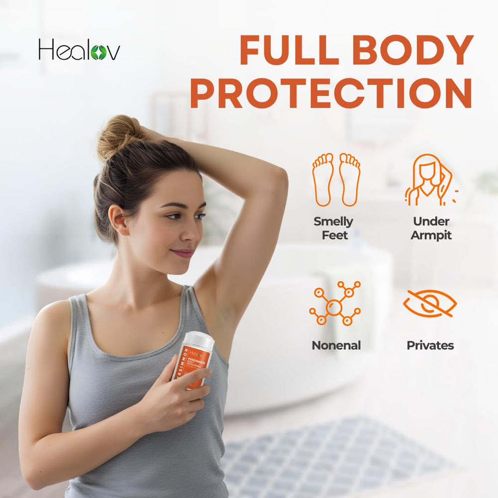 Healov Persimmon Déodorant – zones d’application multiples, y compris les aisselles et les pieds.