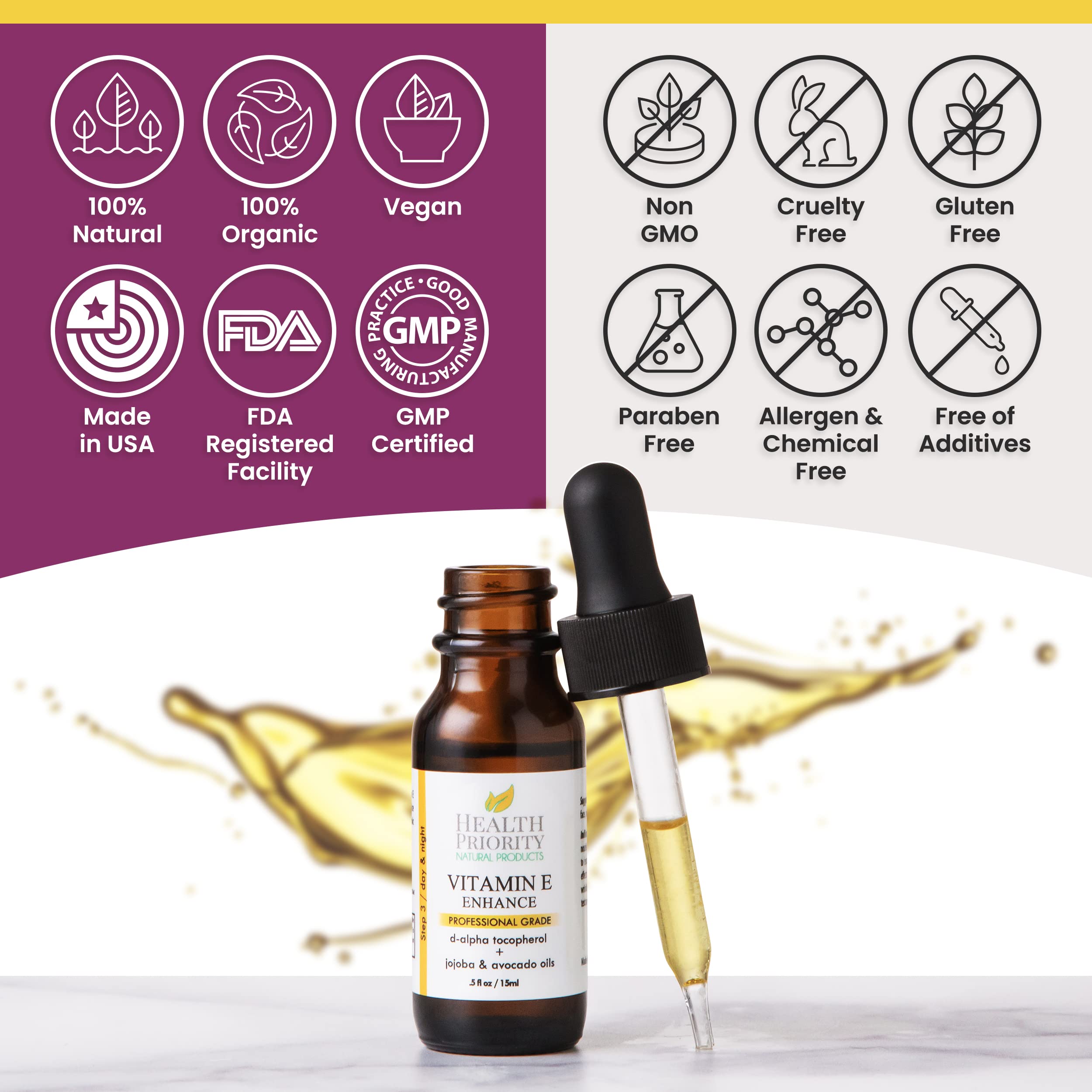 Health Priority Natural Products soin post-procédure léger, huile vitamine E sur zone délicate