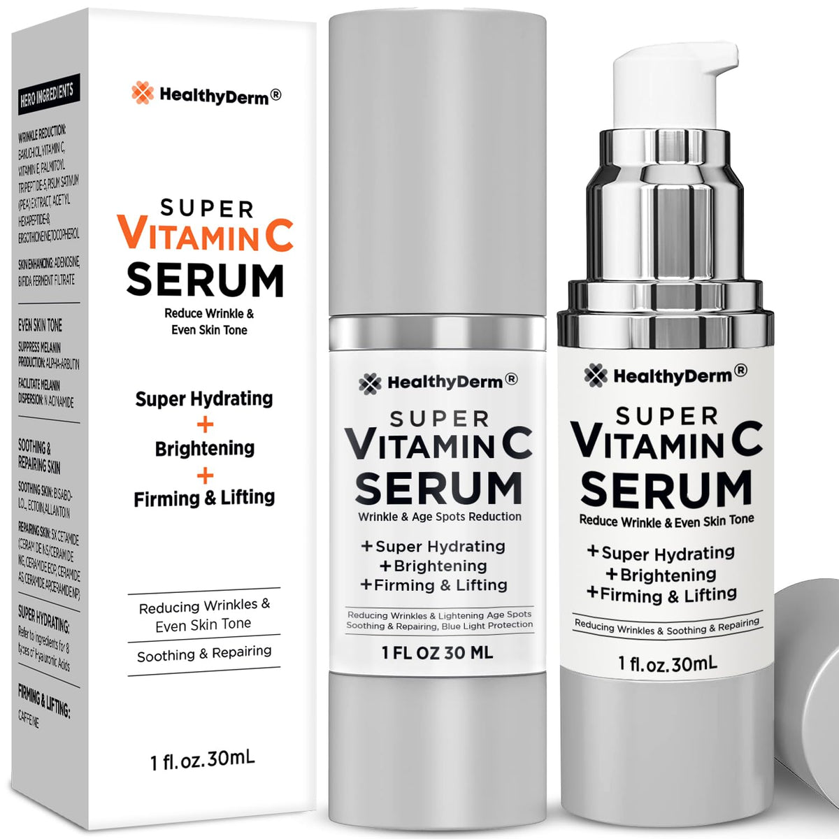 HealthyDerm sérum vitamine C visage lissant pour peau douce et repulpée.