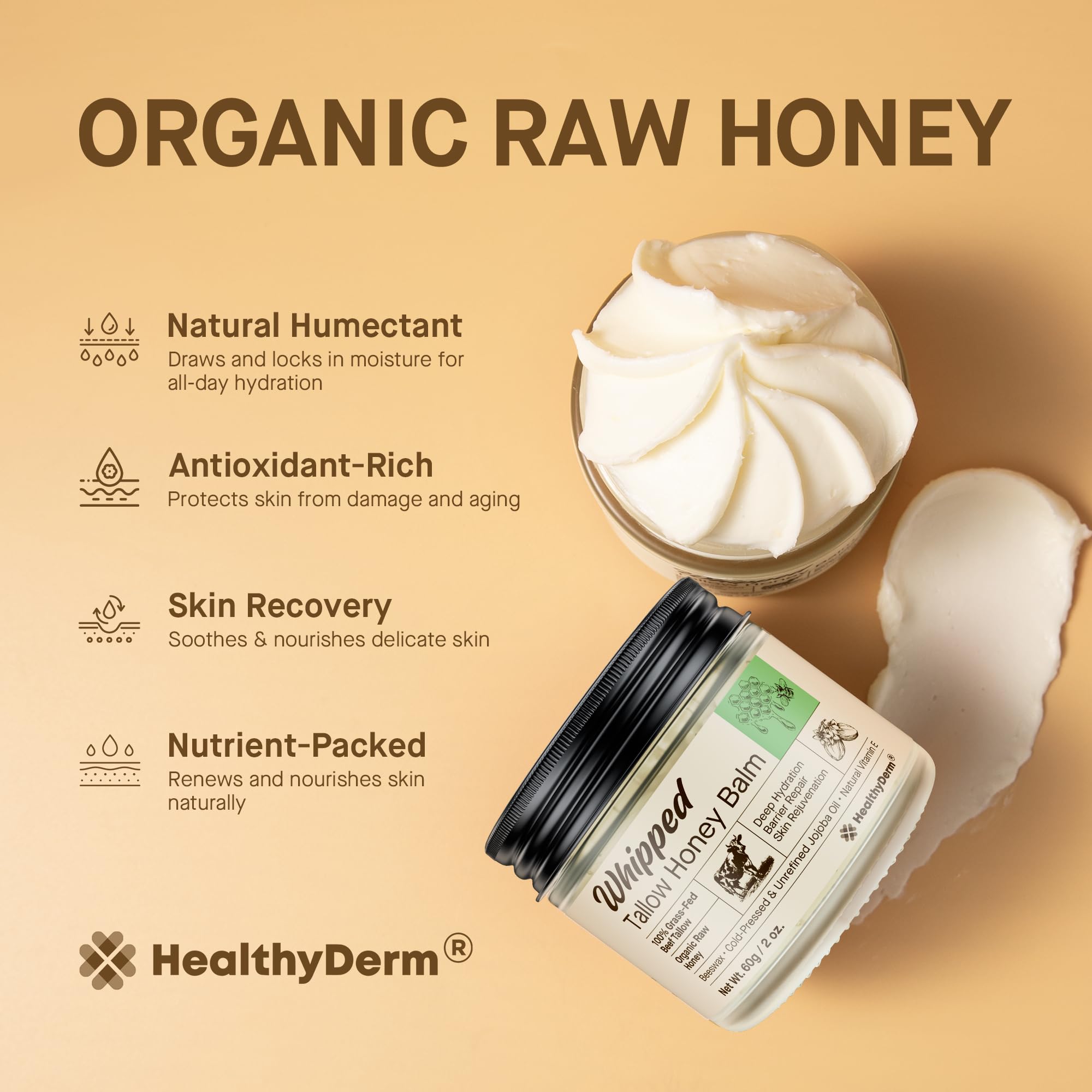 Application du HealthyDerm Tallow Honey Balm sur les mains et le visage.