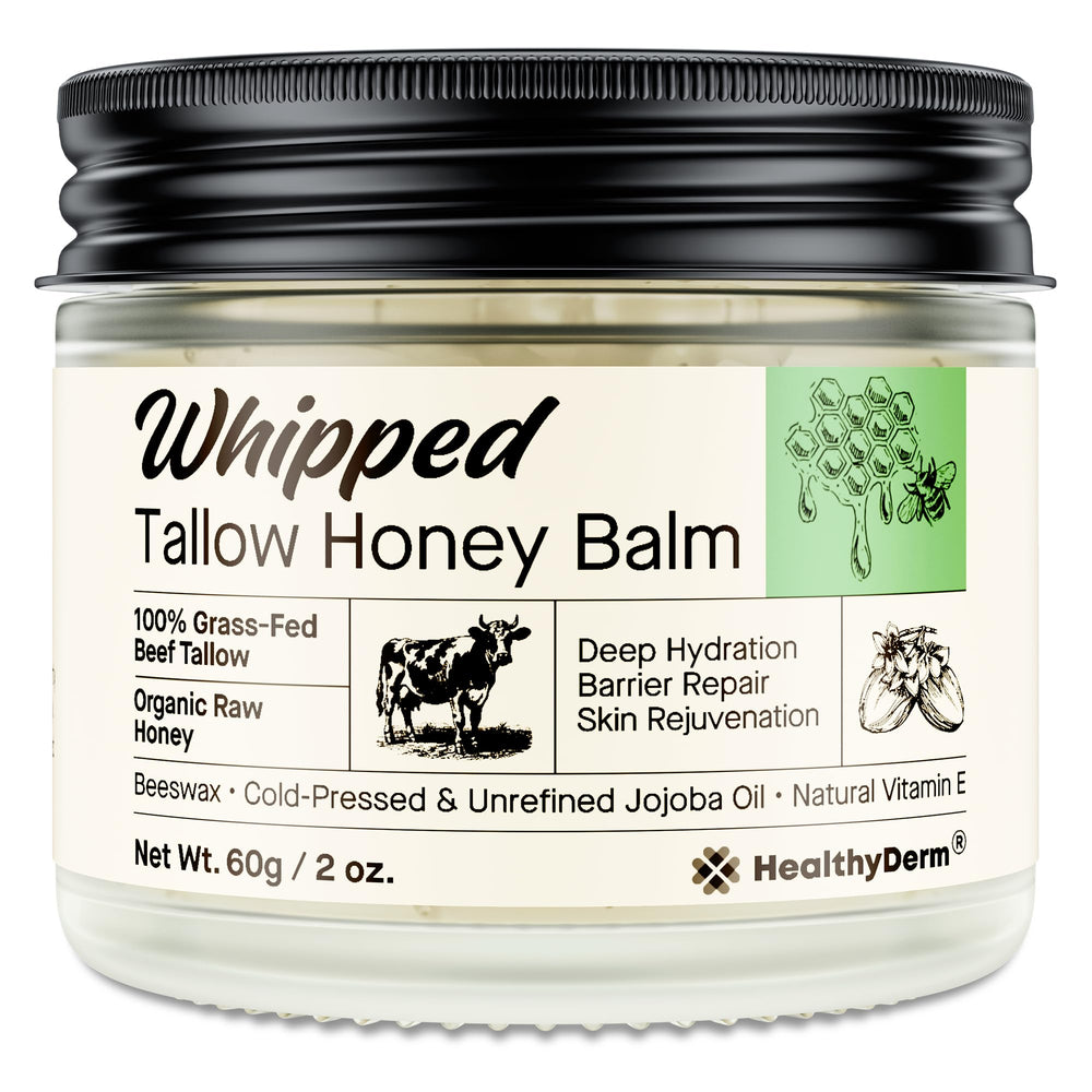 HealthyDerm Tallow Honey Balm sur bouteille, soin hydratant pour peau mature.
