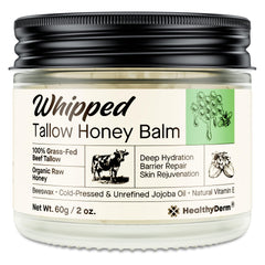 HealthyDerm Tallow Honey Balm sur bouteille, soin hydratant pour peau mature.