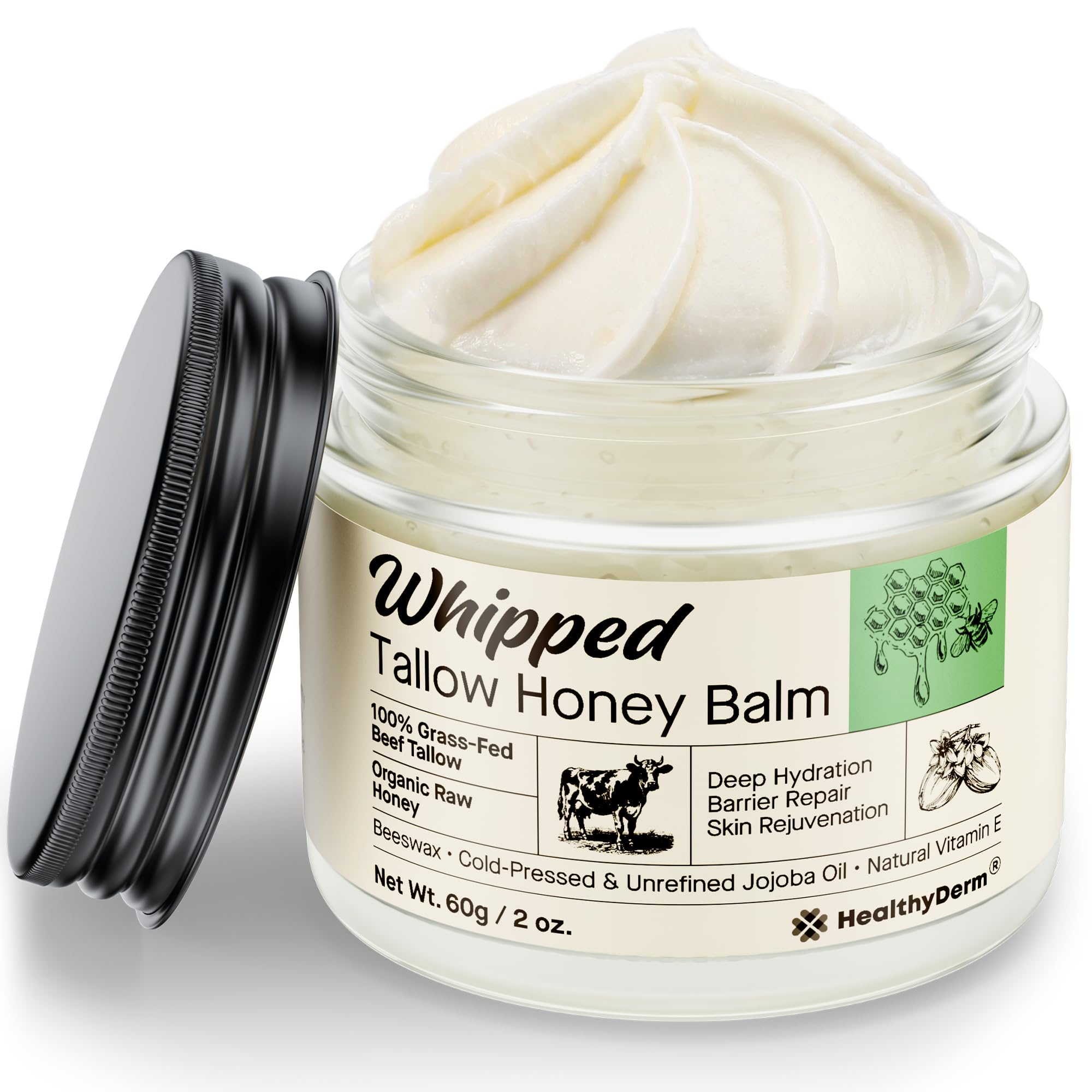 HealthyDerm Tallow Honey Balm utilisé sur le corps pour hydratation durable.