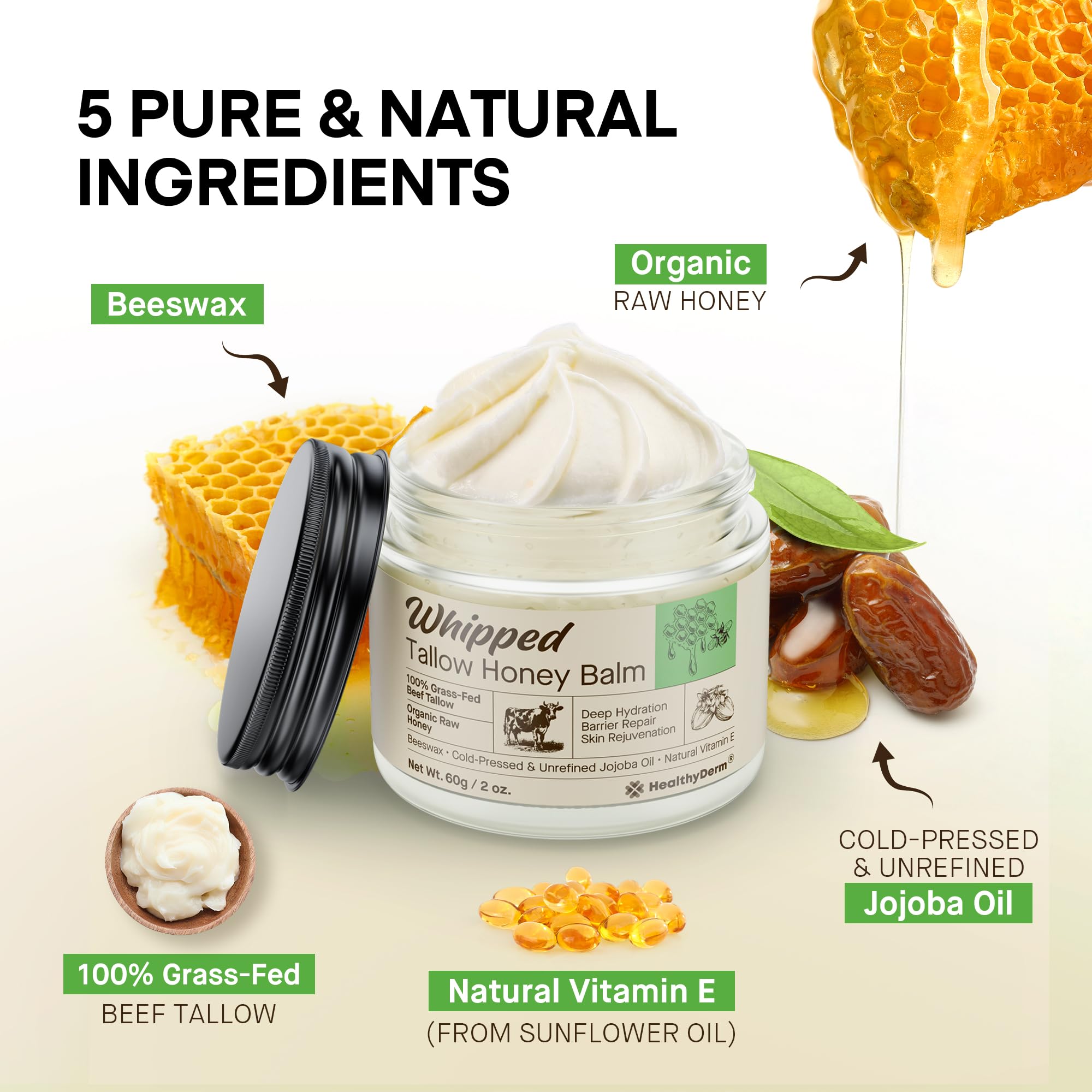 Texture fouettée du HealthyDerm Tallow Honey Balm prête à pénétrer rapidement.