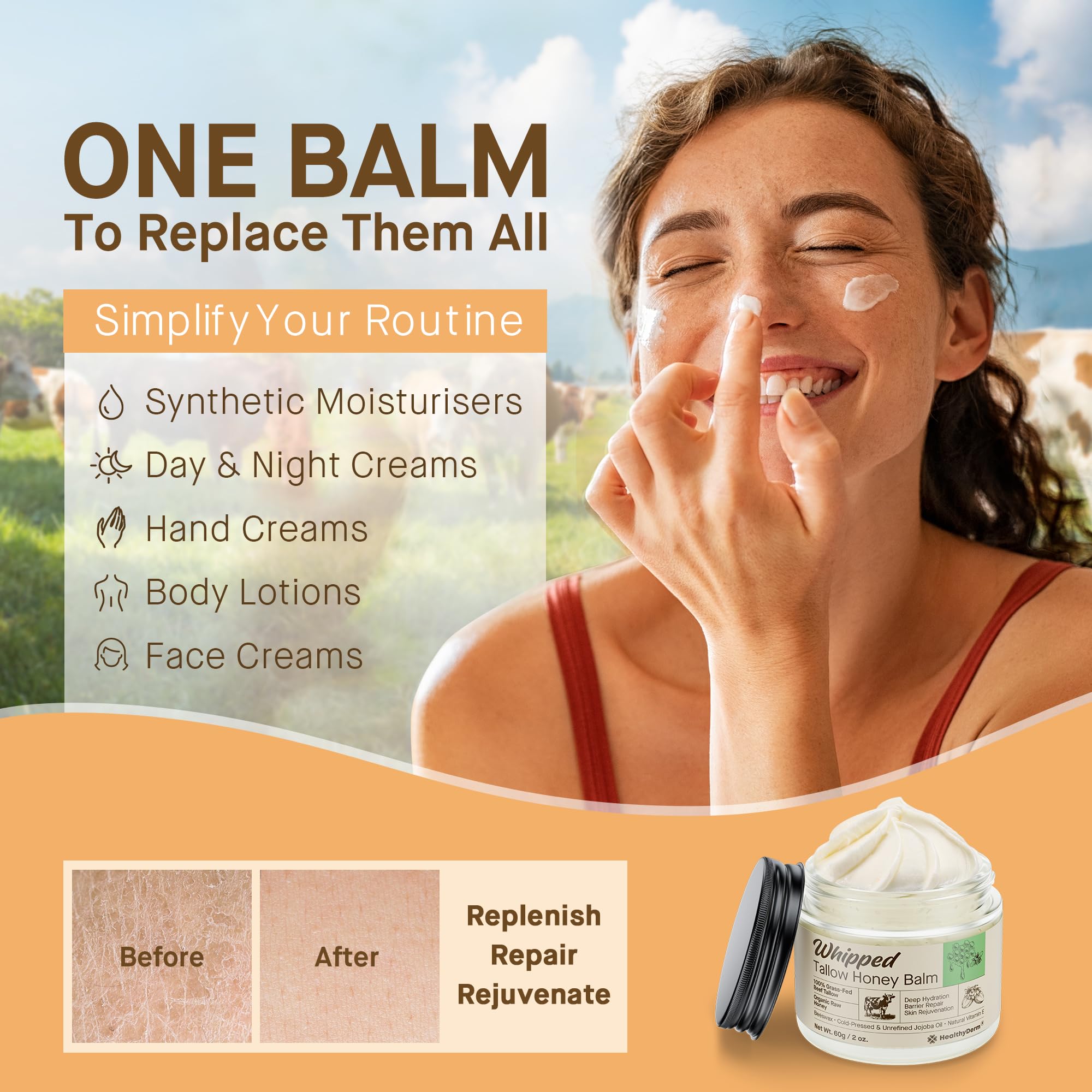 Soin HealthyDerm Tallow Honey Balm adapté au visage et au corps.