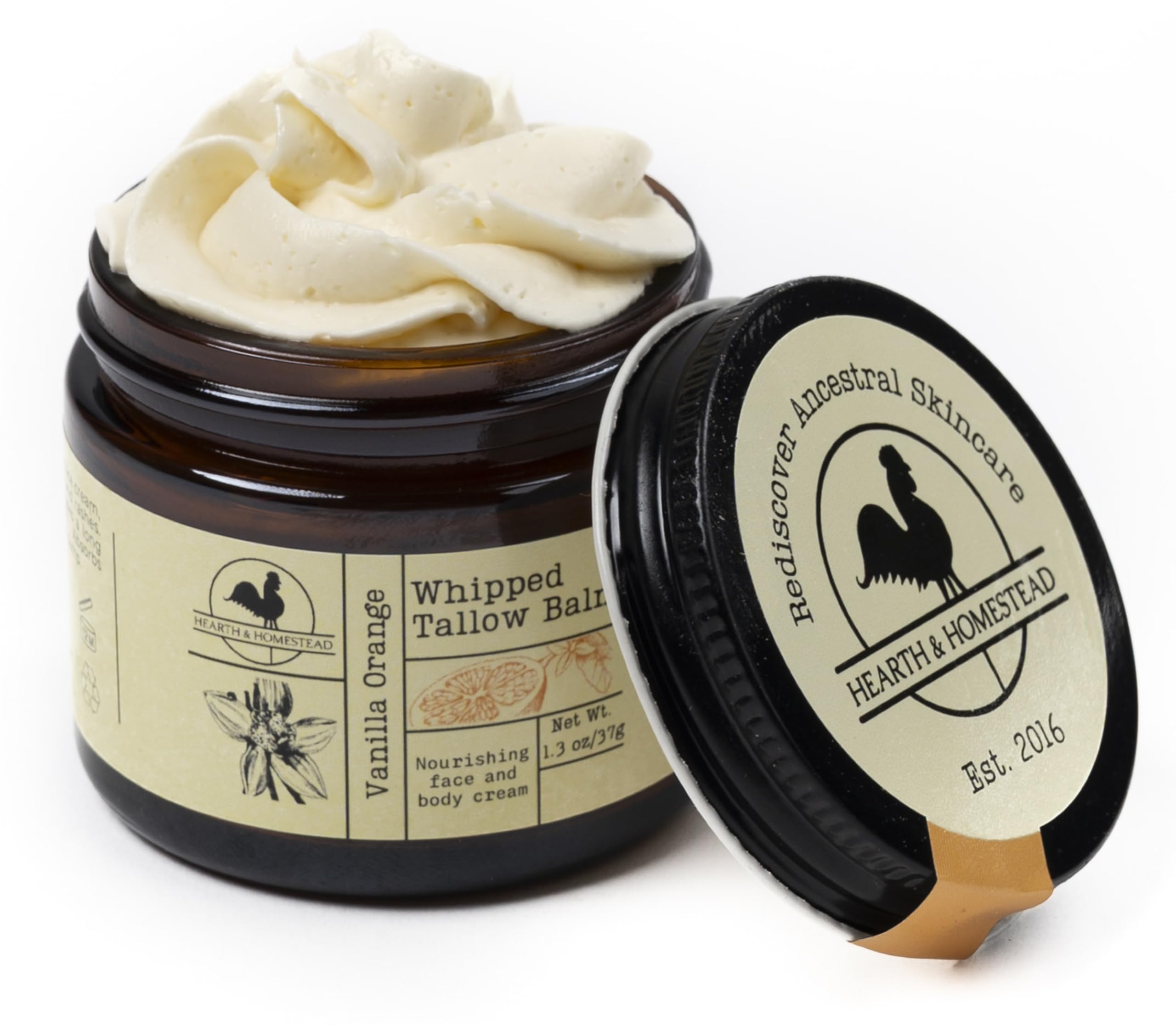 Baume tallow vanille-orange Hearth and Homestead dans le flacon, nourrissant.