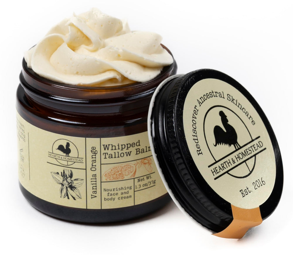 Baume tallow vanille-orange Hearth and Homestead dans le flacon, nourrissant.