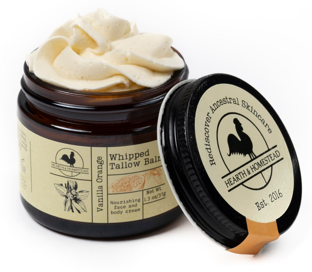 Baume tallow vanille-orange Hearth and Homestead dans le flacon, nourrissant.