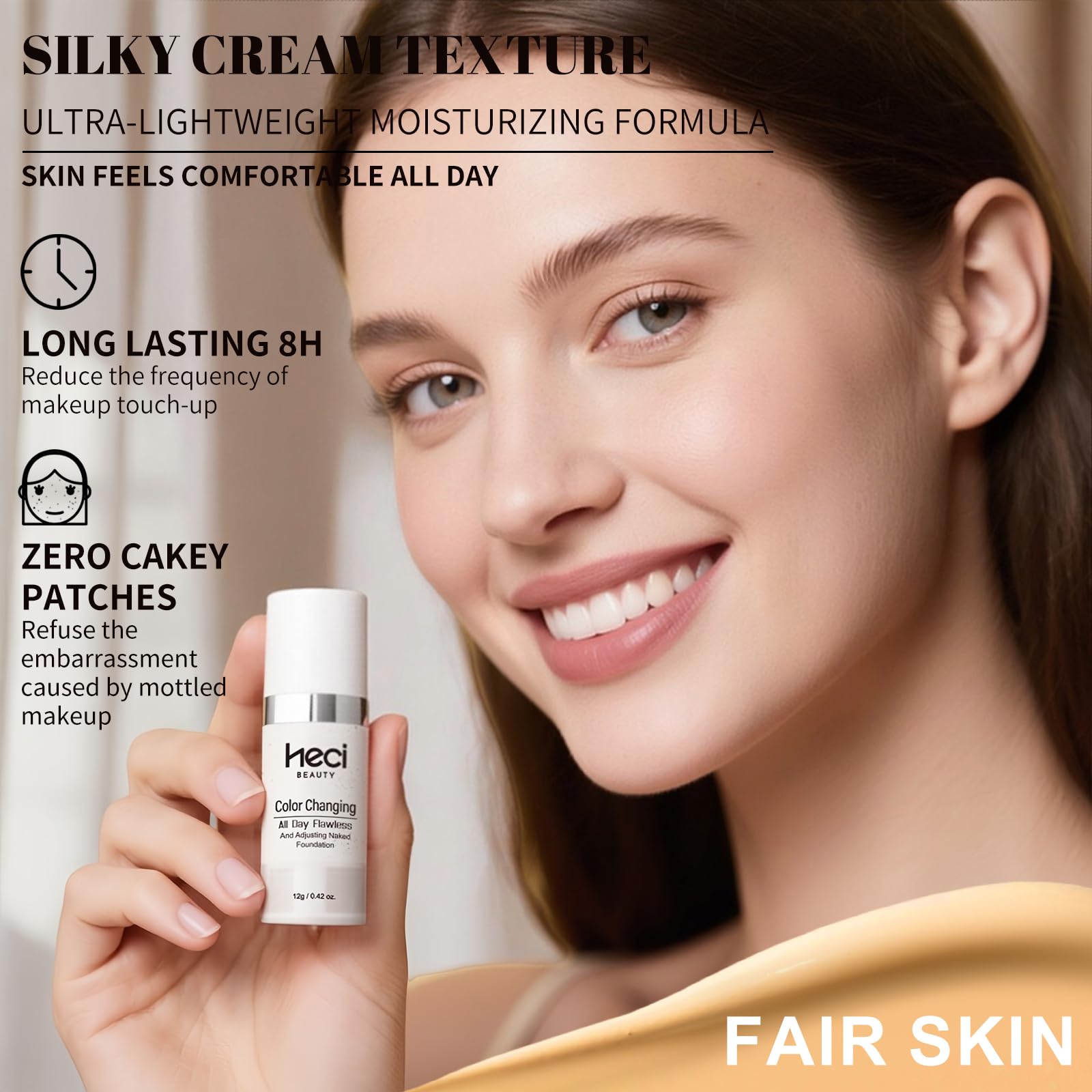 HECI BEAUTY fini nude sur peau, aspect naturel et léger.