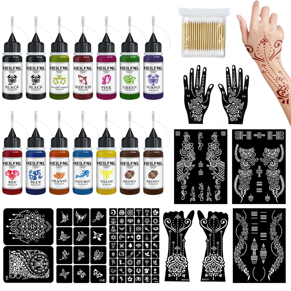 HEILFNL temporary tattoo ink bottles display for bold colors