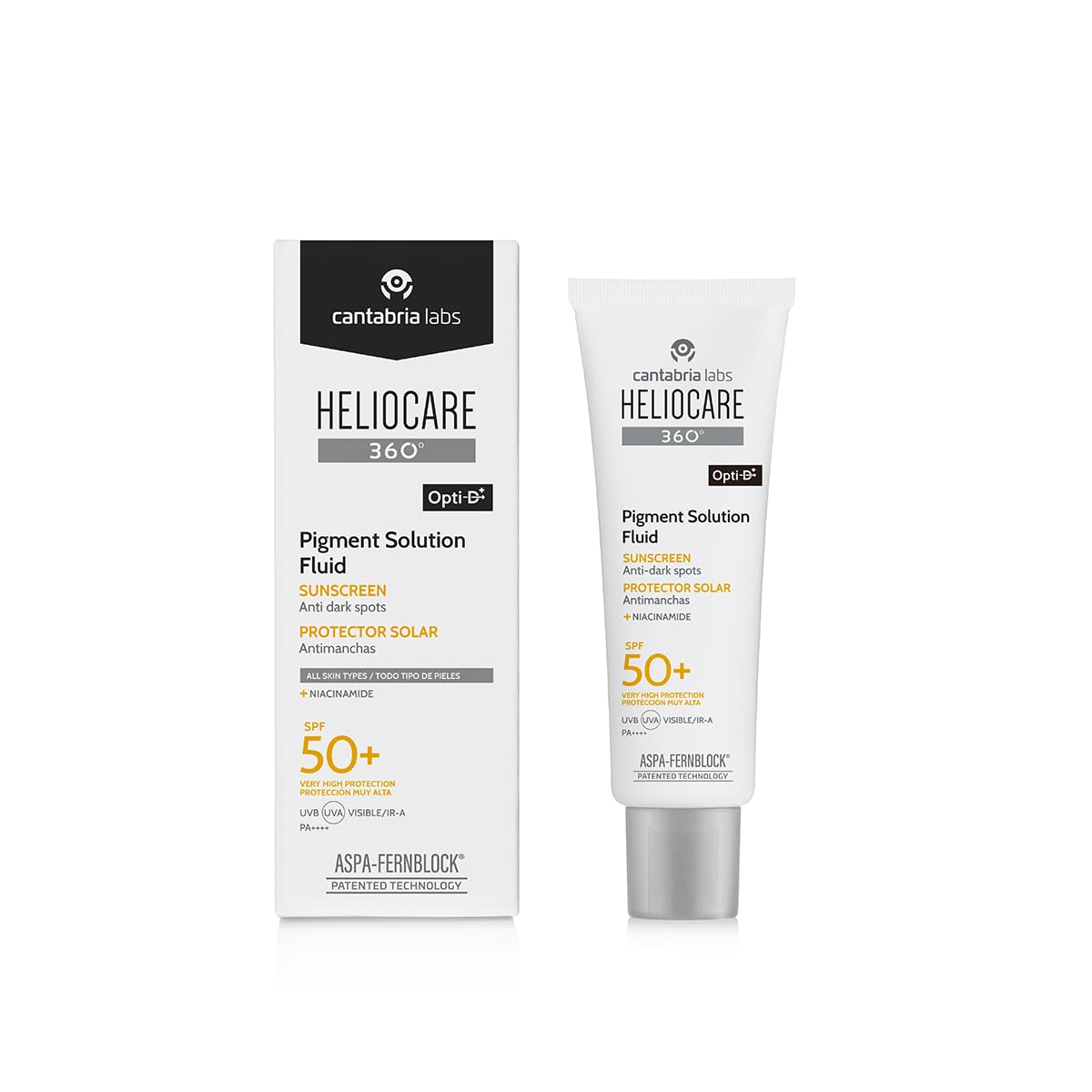 Heliocare 360 Pigment Solution Fluid SPF50, bouteille, protection légère et hydratante au quotidien.