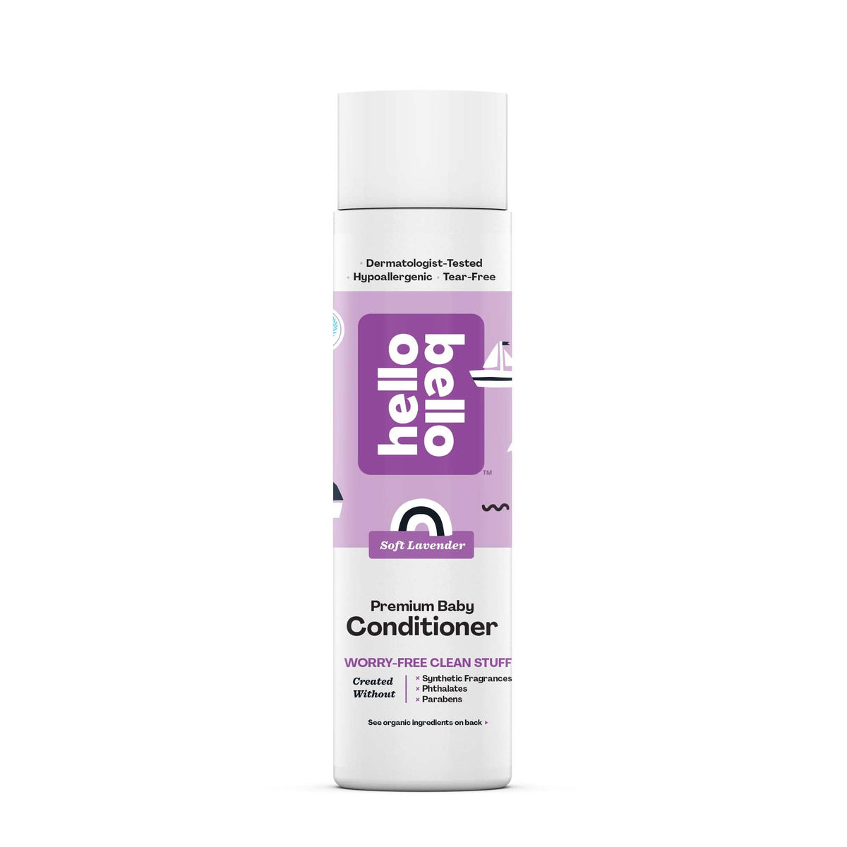 Hello Bello Soft Lavender Conditioner bottle showing gentle plant-based care for baby hair.