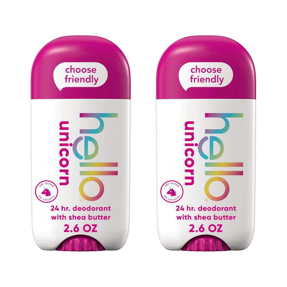 Hello Unicorn aluminum-free deodorant stick front view, vegan and fragrance-friendly for daily wear.