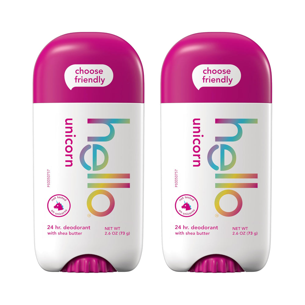 Hello Unicorn brand logo with two 2.6 oz sticks, clean beauty.